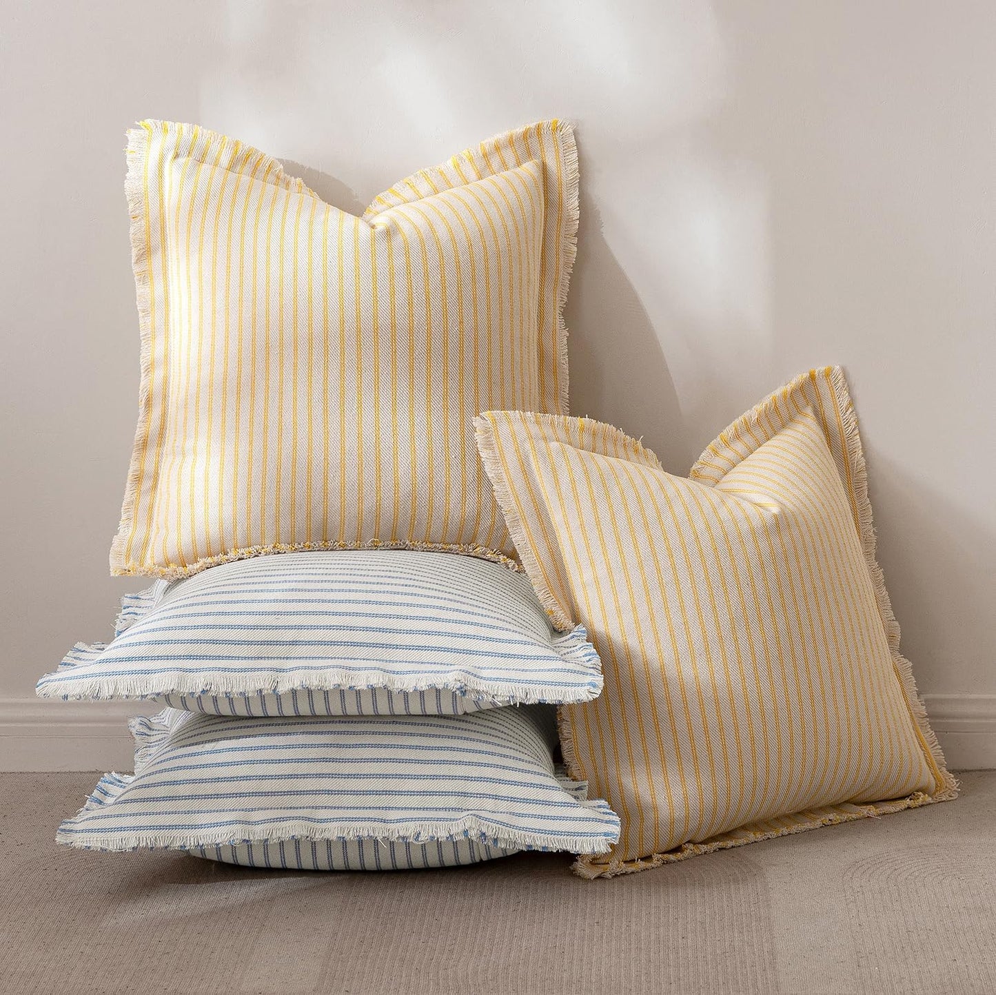 Pack of 2 Light Blue Pillow Covers 20X20 Inch Striped Farmhouse Couch Spring Throw Pillow Covers with Fringe Chic Cotton Decorative Cushion Covers for Sofa Living Room Bed Outdoor Home Decor