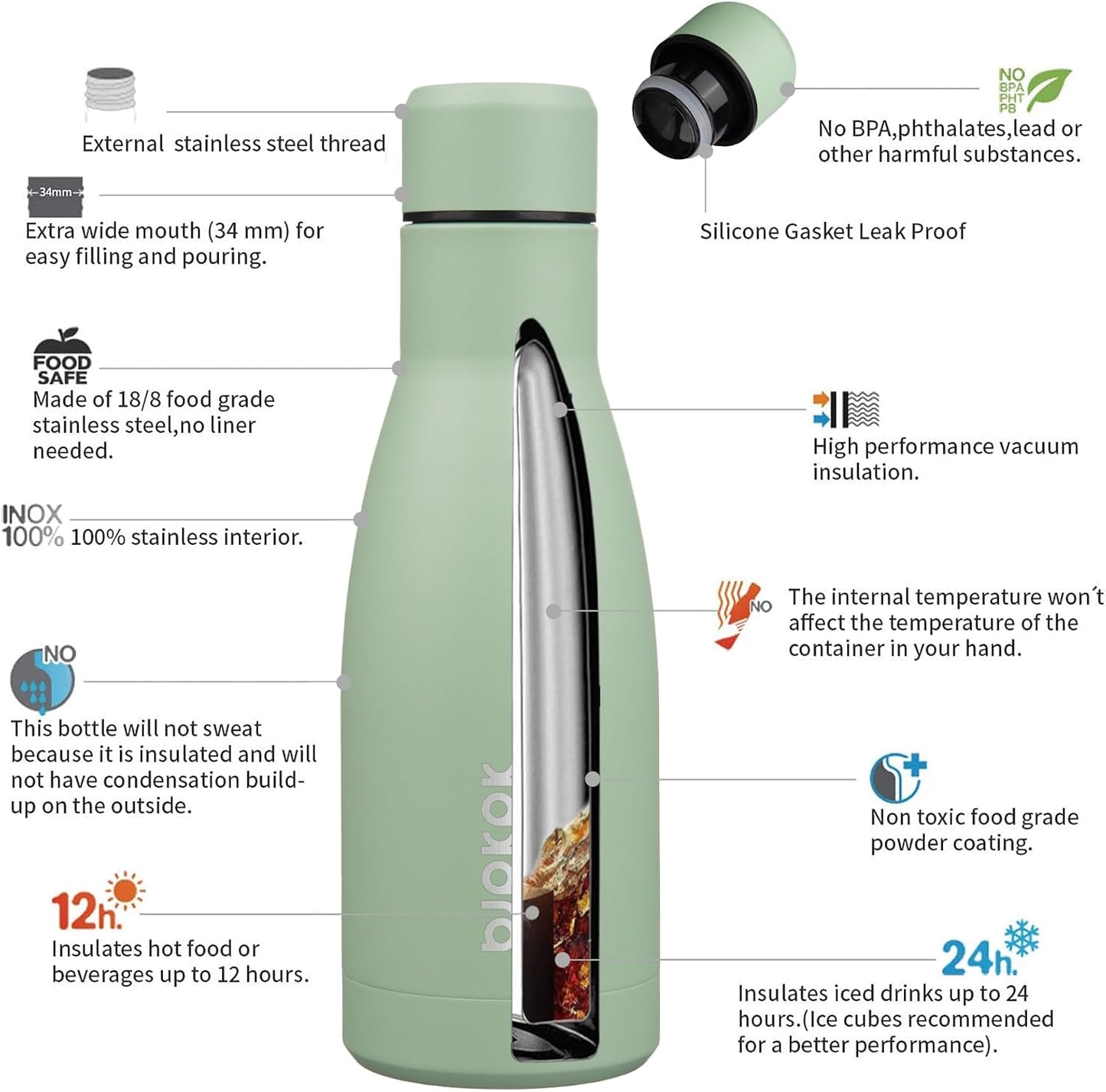 12Oz Water Bottles Stainless Steel Double Wall Vacuum Insulated Small Water Bottles for Travel,Macaron Green