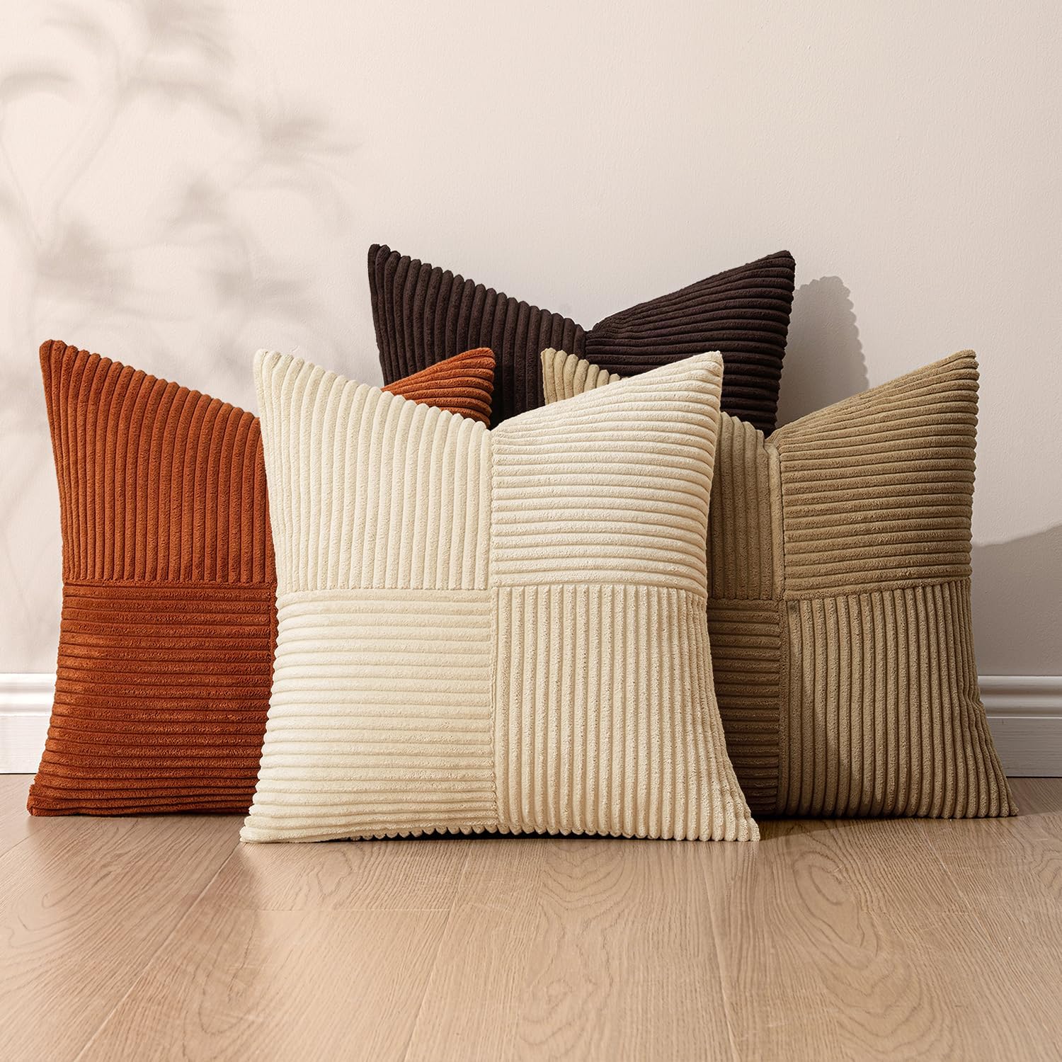 Brown Beige Throw Pillow Covers 18X18 Inch Set of 4 Boho Farmhouse Cushion Cases for Livingroom Couch Bed Soft Corduroy Pillow Cases with Invisible Zipper Home Decor