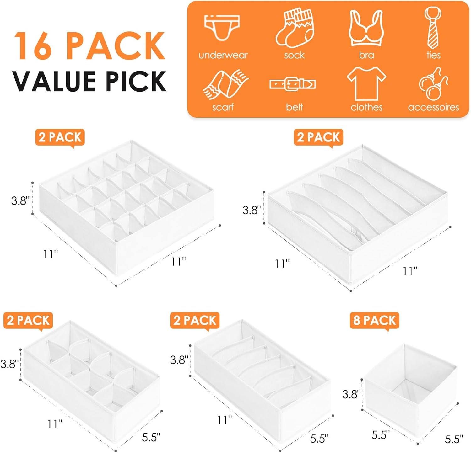 Drawer Organizer Clothes, 16 Pack Dresser Organizer Bins for Baby Clothes, Underwear Sock, Fabric Closet Organization and Storage Dividers for Nursery Bedroom (96 Compartments, White)