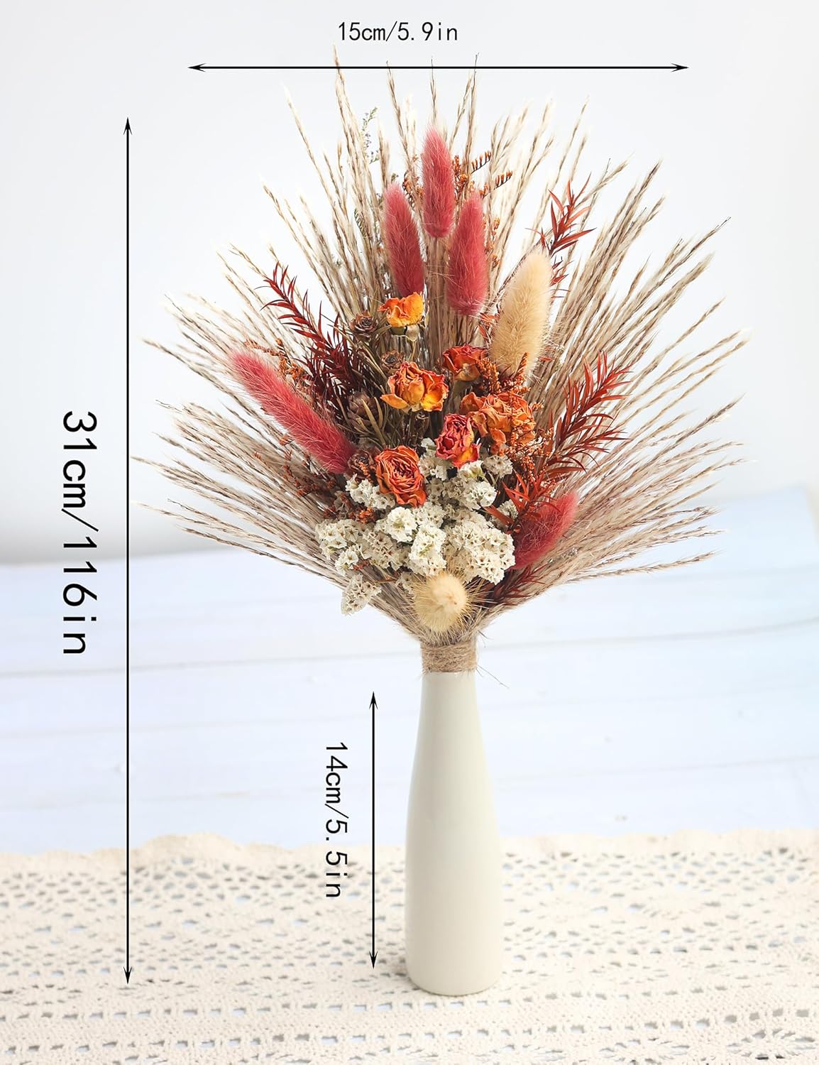 Dried Flowers with Vase,Dried Pampas Grass Bouquet, Wedding Table Decor, Boho Home Decor, Fall Wedding Decorations, Farmhouse Party Table Centrepieces. (Fall)