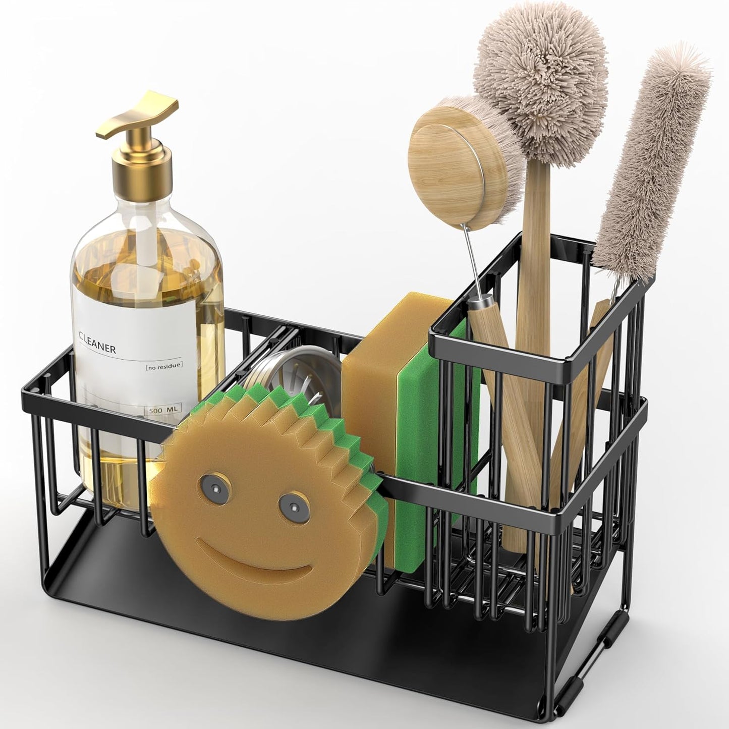 Sink Caddy with Smiley Face Sponge Holder, 304 Stainless Steel Rustproof(Black)