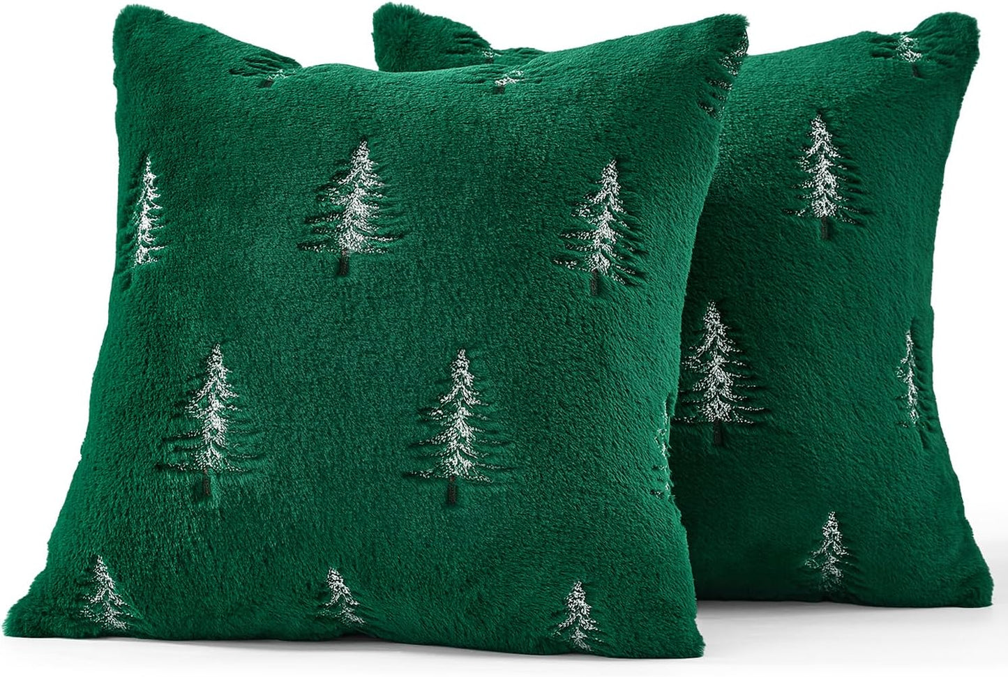 Christmas Decorative Pillow Covers Set of 2 Faux Fur Throw Pillows with Embroidered Christmas Tree 18X18 Inch Green White Winter Couch Covers for Festival Sofa Bedroom Living Room Home Decor