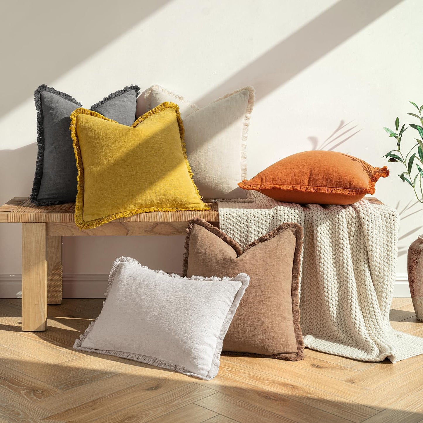 Fall Decorative Throw Pillow Covers Neutral Linen Fringe Throw Pillows Set of 2 Burnt Orange Boho Farmhouse Cushion Covers with Tassels for Couch Sofa Bed Living Room Home Decor 18X18 Inch