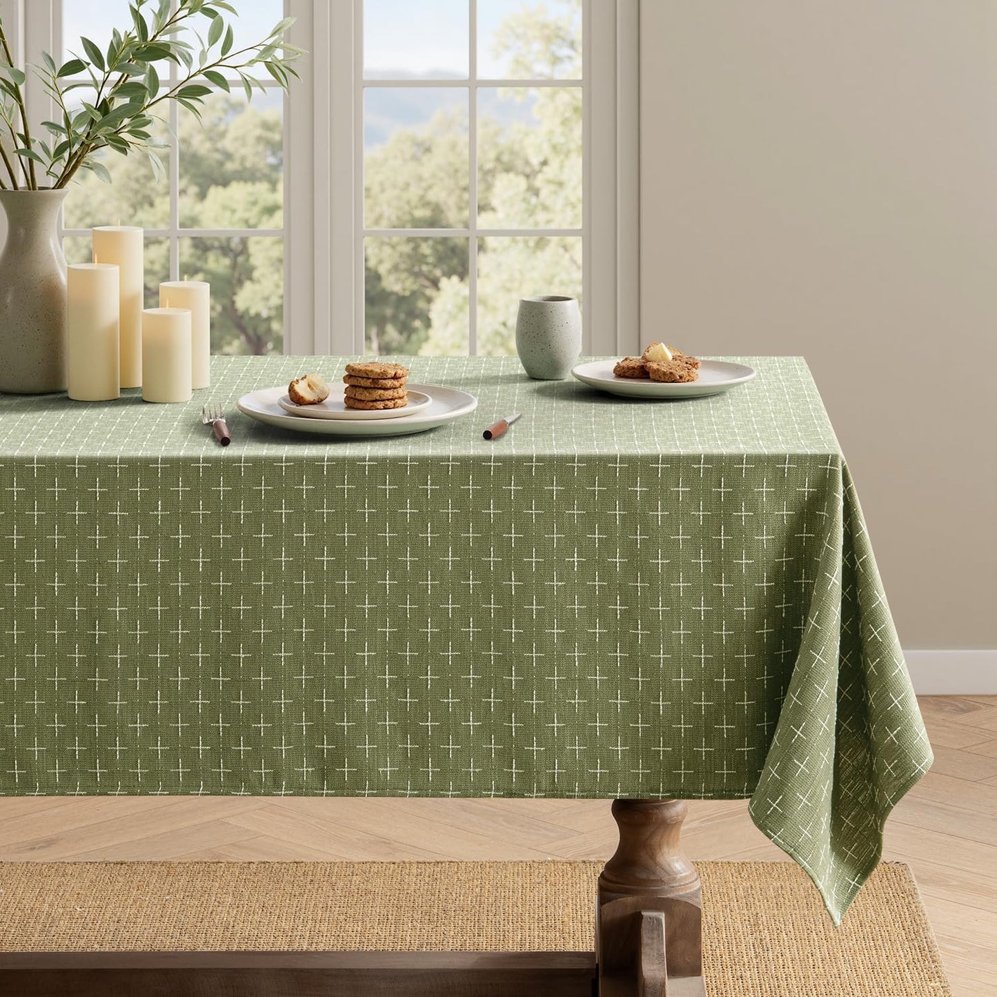 Sage Green Linen Table Cloth Rectangle Tablecloth Waterproof Spillproof Cross-Star Textured Table Cloth, Decorative Rustic Farmhouse Style for Dining/Party/Buffet/Wedding,52X70 Inch