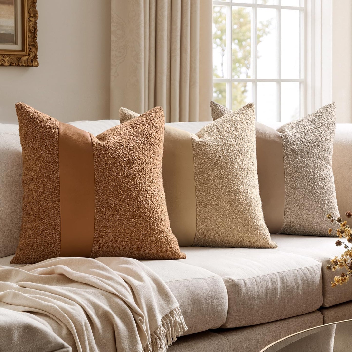 Boucle Throw Pillow Covers 18X18 Inch Set of 2 Khaki Faux Leather Textured Decorative Pillow Cases Boho Farmhouse Accents Cushion Covers for Couch Bed Livingroom Home Decor