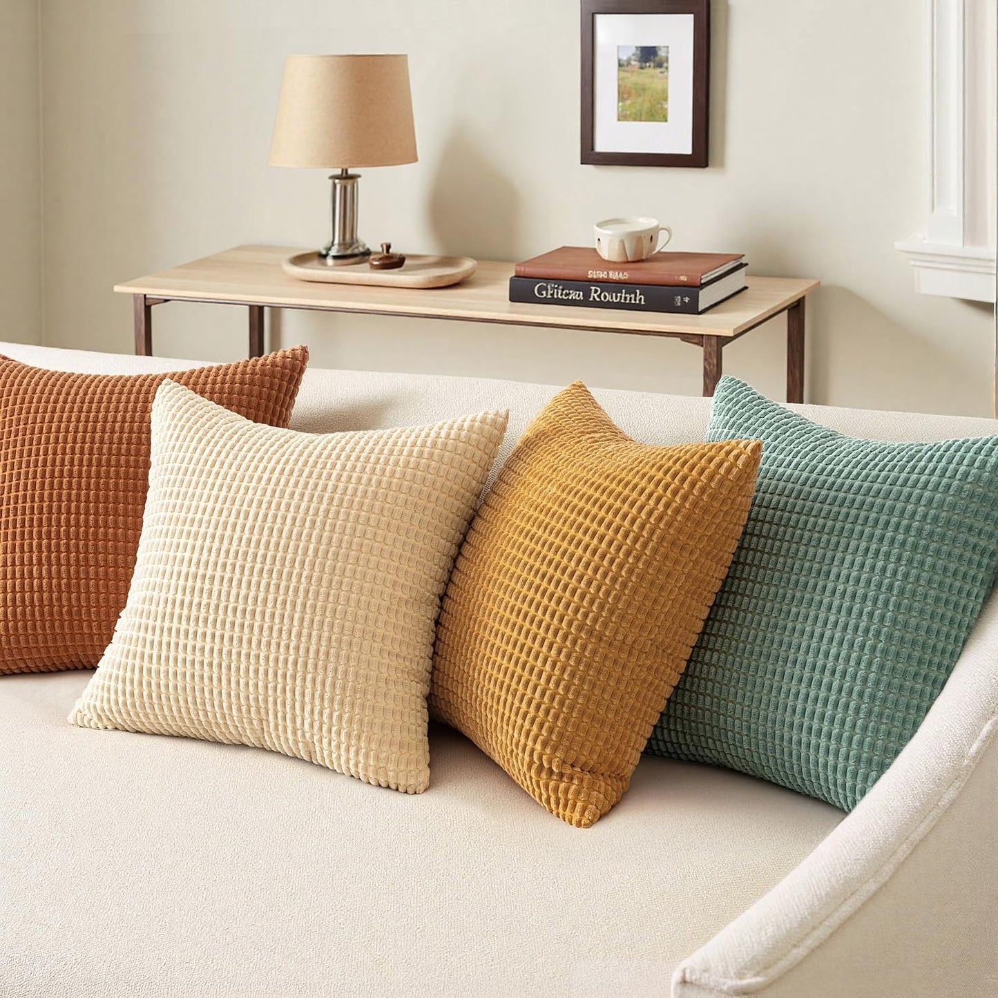 Boho Farmhouse Decorative Pillow Covers 18X18 Inch Set of 4 Rustic Modern Fall Home Decor Couch Home Decor Couch Throw Pillows Summer Corduroy Pillowcases for Sofa Living Room Bed Orange/Teal