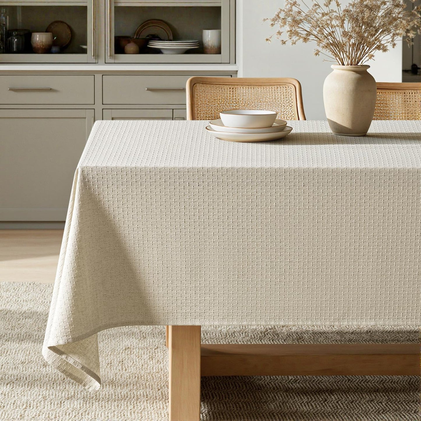 Natural Linen Cottton Table Cloth Rectangle Tablecloth Waterproof Spillproof Cross-Star Textured Table Cltoth Decorative Farmhouse Style for Dining Party Weddings 52X70 Inch