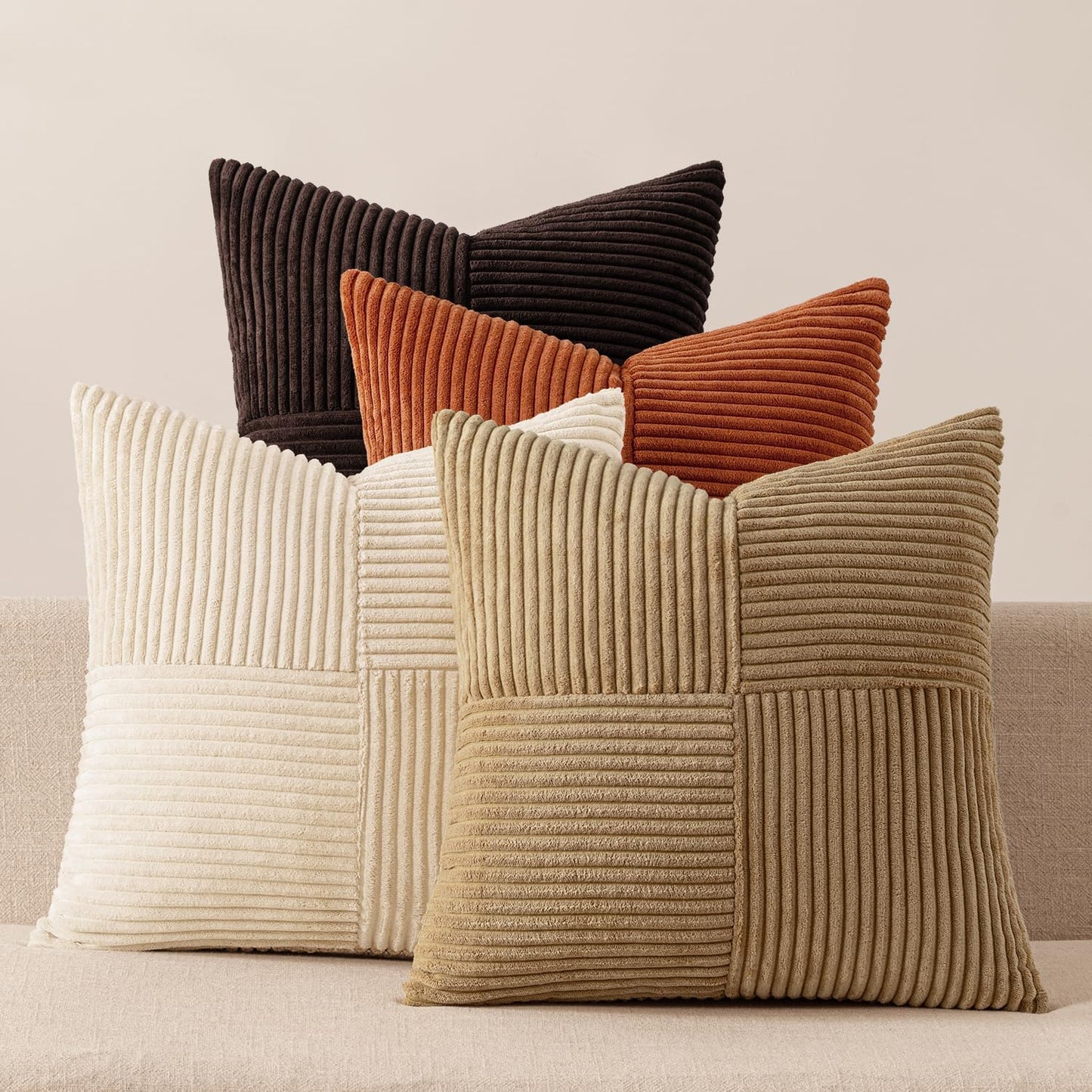 Brown Beige Throw Pillow Covers 18X18 Inch Set of 4 Boho Farmhouse Cushion Cases for Livingroom Couch Bed Soft Corduroy Pillow Cases with Invisible Zipper Home Decor