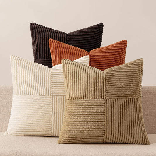 Brown Beige Throw Pillow Covers 18X18 Inch Set of 4 Boho Farmhouse Cushion Cases for Livingroom Couch Bed Soft Corduroy Pillow Cases with Invisible Zipper Home Decor