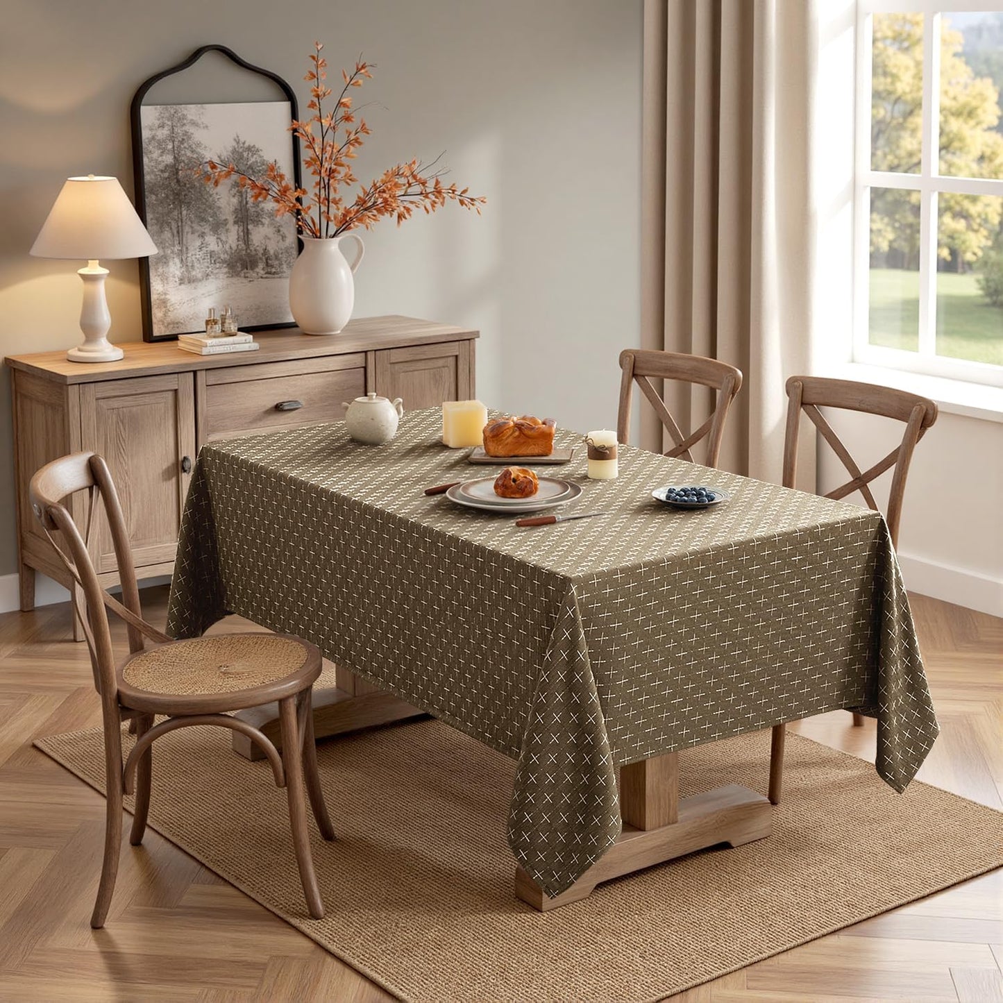 Taupe Linen Table Cloth Rectangle Tablecloth Waterproof Spillproof Cross-Star Textured Table Cloth, Decorative Rustic Farmhouse Style for Dining/Party/Buffet/Wedding,52X70 Inch