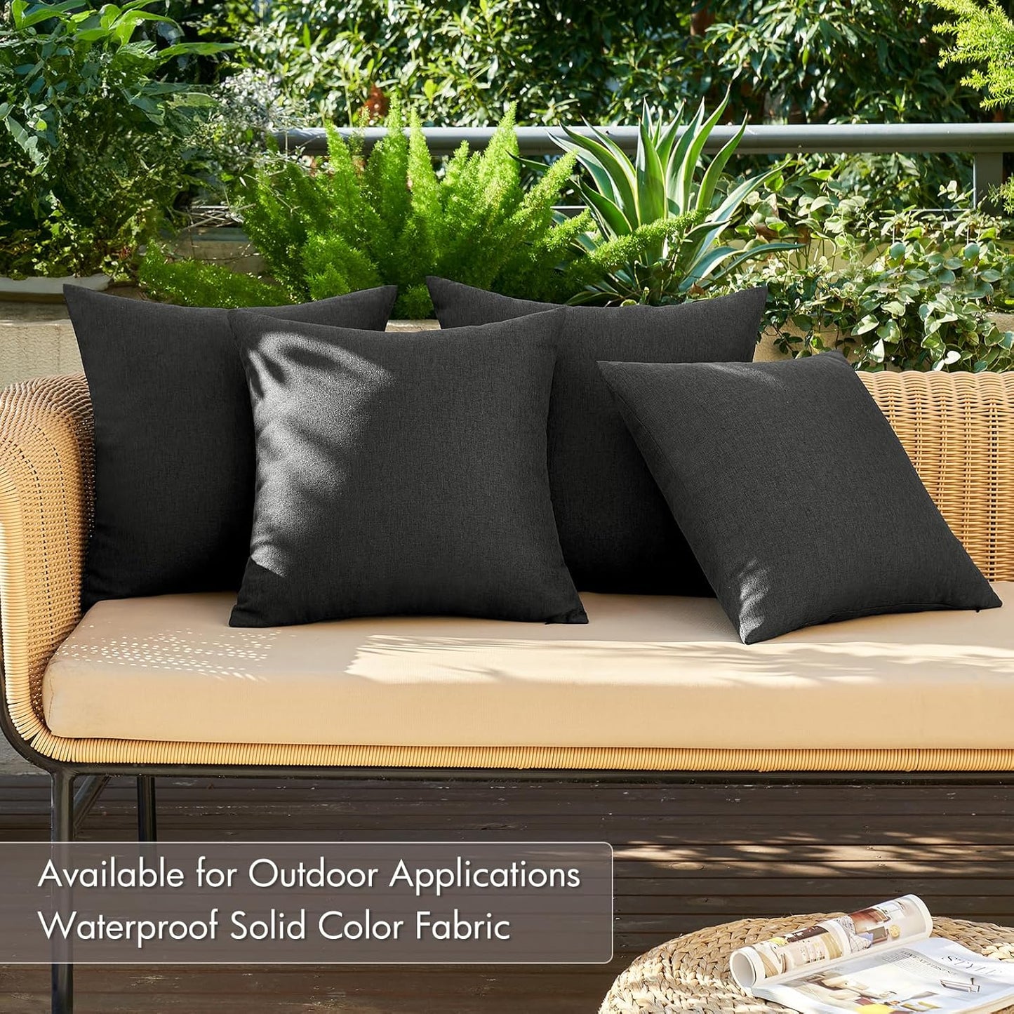 Pack of 4 Decorative Outdoor Throw Pillow Covers Linen Waterproof Pillow Covers Farmhouse Cushion Cases for Patio Garden Tent Balcony Couch Sofa 16X16 Inch Black