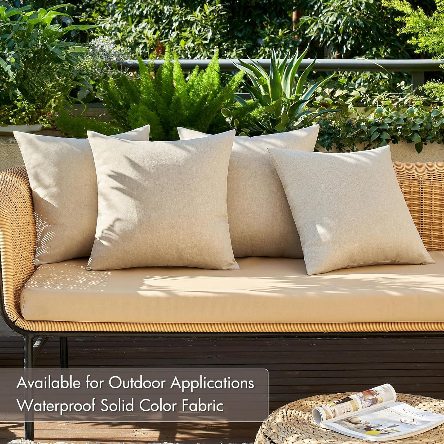 Pack of 4 Decorative Outdoor Throw Pillow Covers Linen Waterproof Pillow Covers Farmhouse Cushion Cases for Patio Garden Tent Balcony Couch Sofa 18X18 Inch Beige