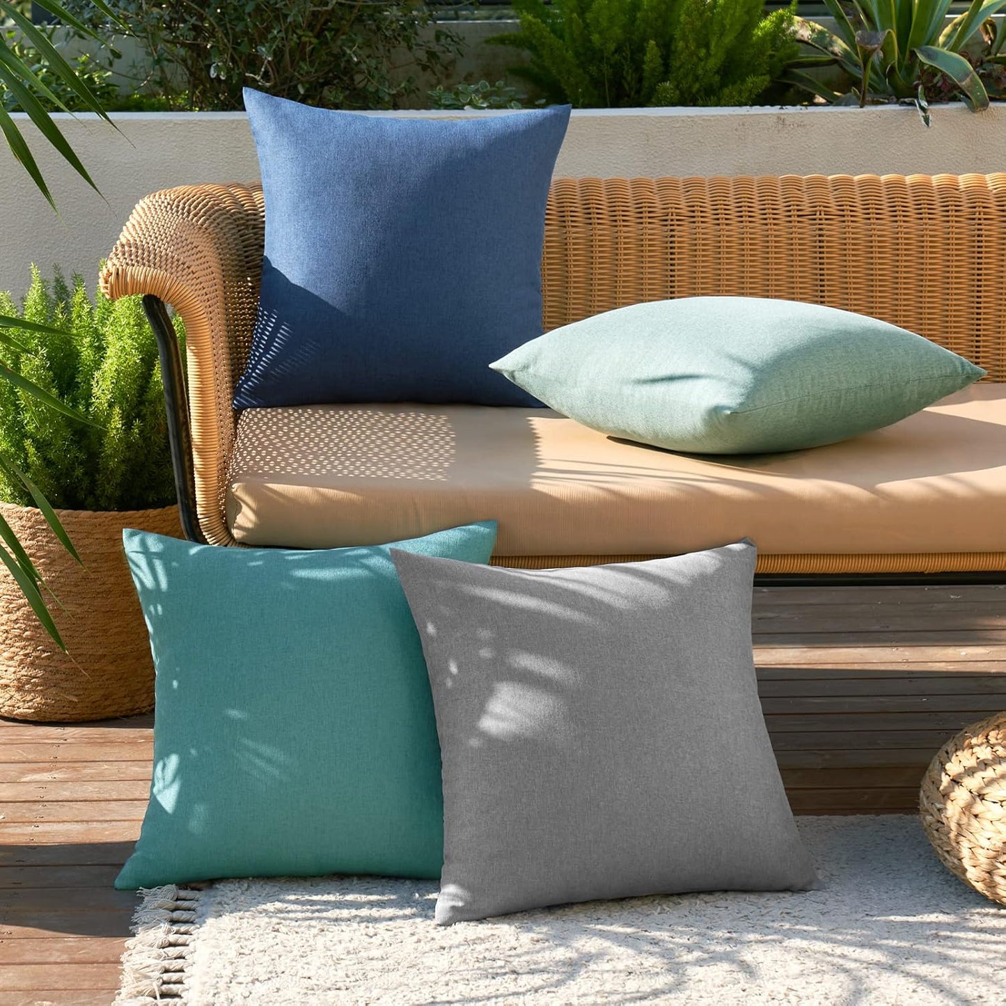 Pack of 4 Decorative Outdoor Throw Pillow Covers Linen Waterproof Pillow Covers Farmhouse Cushion Cases for Patio Garden Tent Balcony Couch Sofa 18X18 Inch Blue