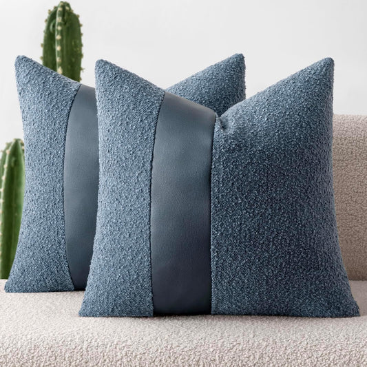 Boucle Throw Pillow Covers 18X18 Inch Set of 2 Denim Blue Faux Leather Textured Decorative Pillow Cases Boho Farmhouse Accents Cushion Covers for Couch Bed Livingroom Home Decor
