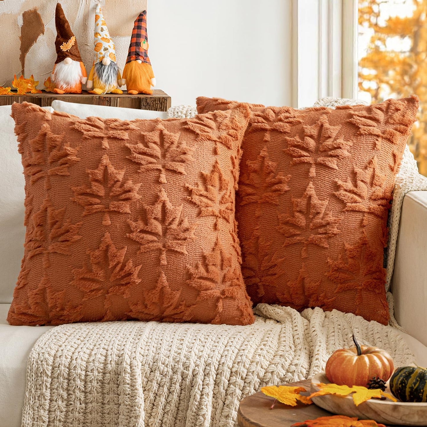 Fall Throw Pillow Covers 18X18 Rust Set of 2 Thanksgiving Autumn Decorative Hollow Maple Leaf Pattern Accent Pillow Covers Soft Plush Faux Wool for Outdoor Porch Home Decor Holiday Bedroom