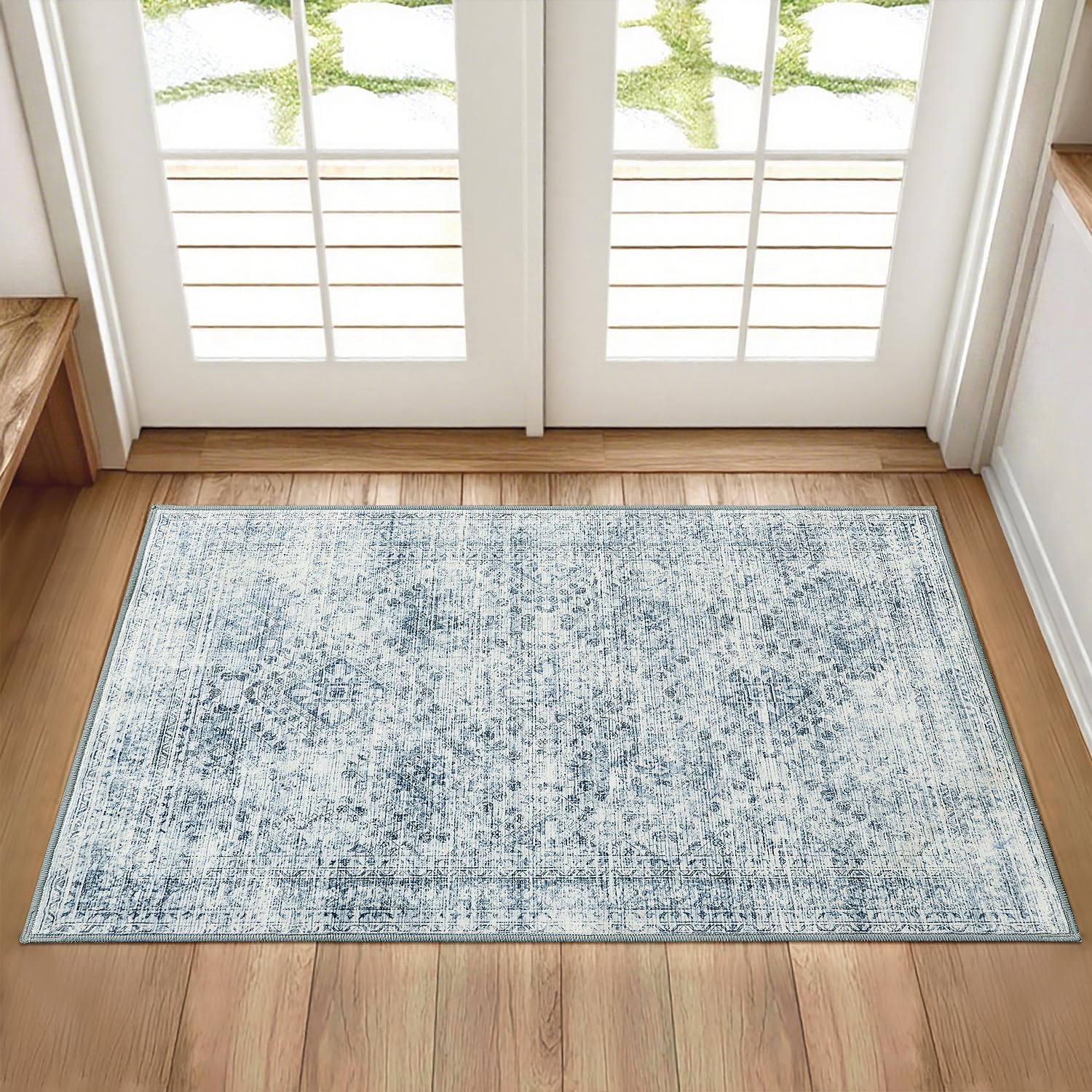 2X3 Washable Entry Rug Door Mat Indoor Entrance, Small Rug for Kitchen Bathroom Bedroom, Non-Slip Stain Resistant Throw Carpet Boho Entryway Decor, Blue