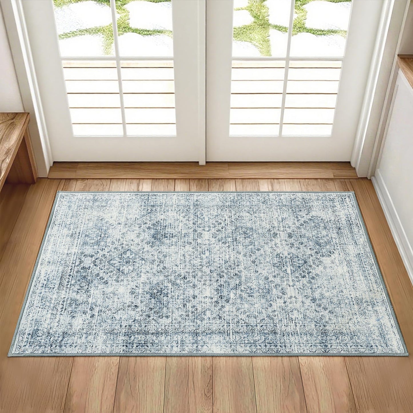 2X3 Washable Entry Rug Door Mat Indoor Entrance, Small Rug for Kitchen Bathroom Bedroom, Non-Slip Stain Resistant Throw Carpet Boho Entryway Decor, Blue