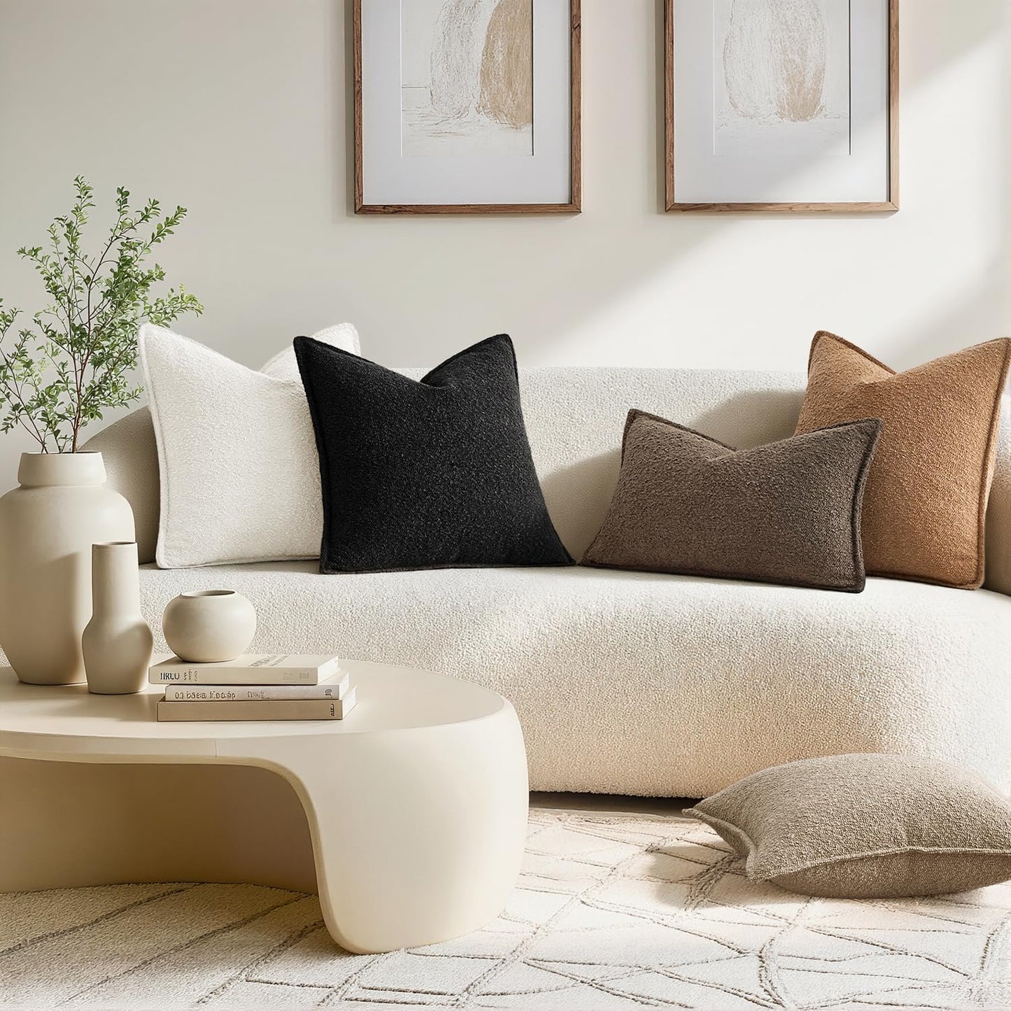Pack of 2 Decorative Textured Boucle Throw Pillow Covers 18X18 Inch Brown Broadside Thick Boho Pillows for Farmhouse Accents Sofa Couch Bedroom Living Room Home Decor