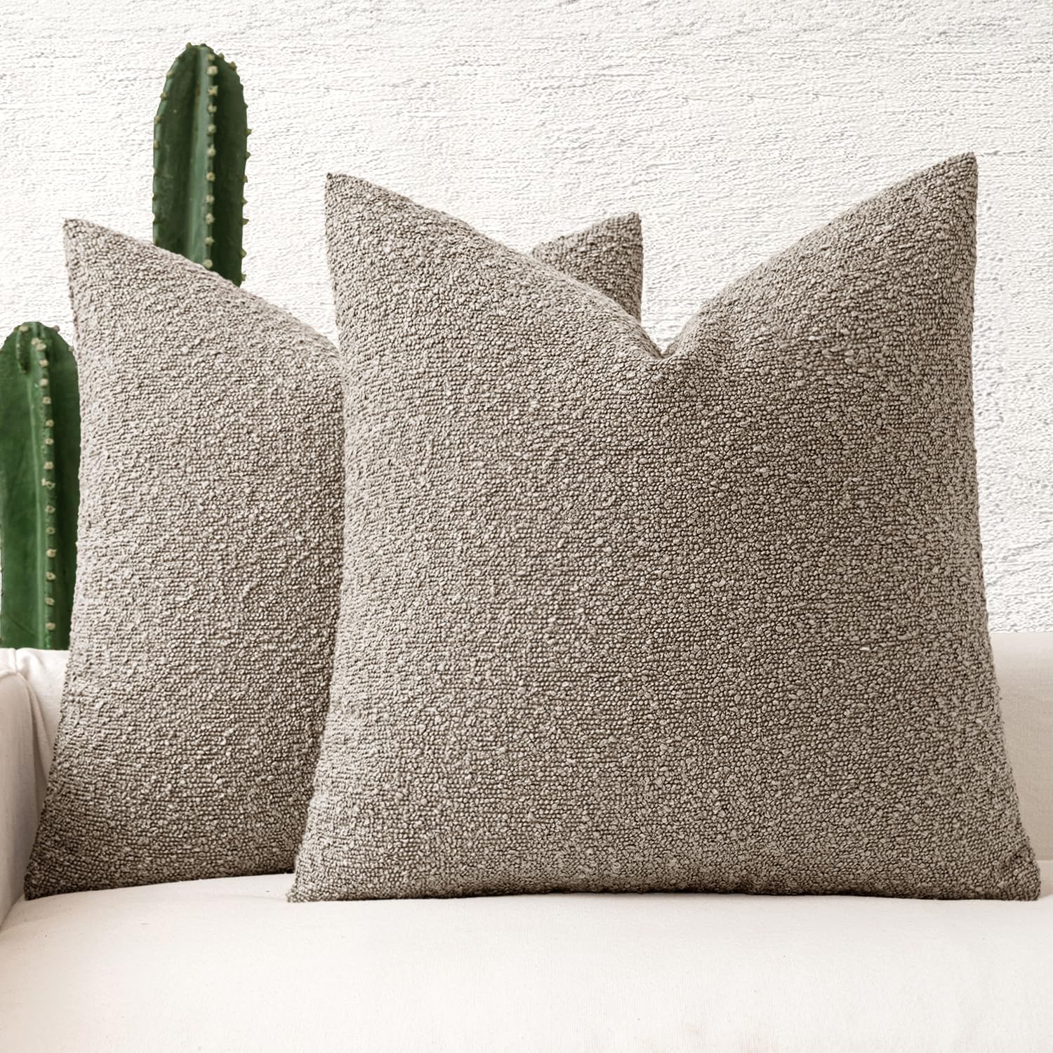 18X18 Inch Decorative Pillow Covers for Couch Bed Set of 2 Textured Boucle Neutral Throw Pillows Light Taupe Accent Solid Cushion Pillowcase Cozy Soft Sofa Livingroom Home Decor