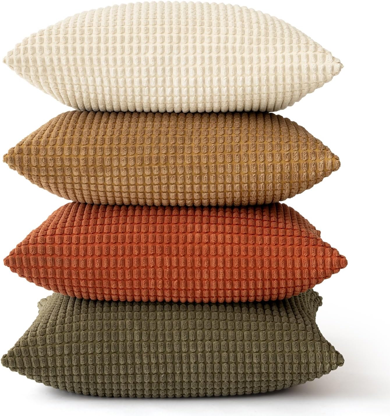 Modern Farmhouse Decorative Pillow Covers 18X18 Inch Set of 4 Natural Rustic Throw Pillows Neutral Warm Soft Corduroy Couch Pillowcases Home Decor for Sofa Living Room Bed Brown Green