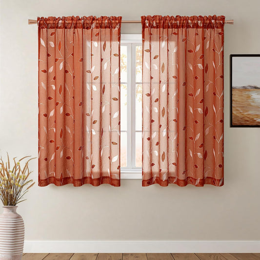 Terracotta Sheer Curtains 2 Panels Embroidered Leaf Patterned Burnt Orange Rod Pocket Floral Semi Faux Linen Short Fall Window Drapes Set for Kitchen Living Room Bedroom, 52X54 Inches Length