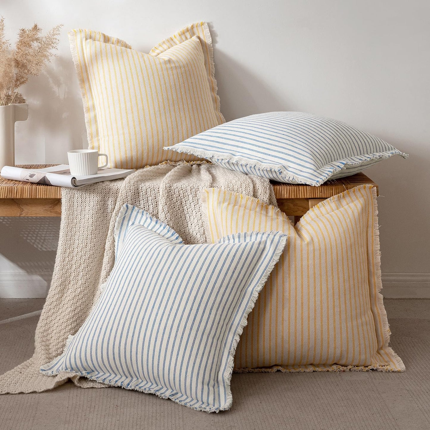 Pack of 2 Light Blue Pillow Covers 20X20 Inch Striped Farmhouse Couch Spring Throw Pillow Covers with Fringe Chic Cotton Decorative Cushion Covers for Sofa Living Room Bed Outdoor Home Decor