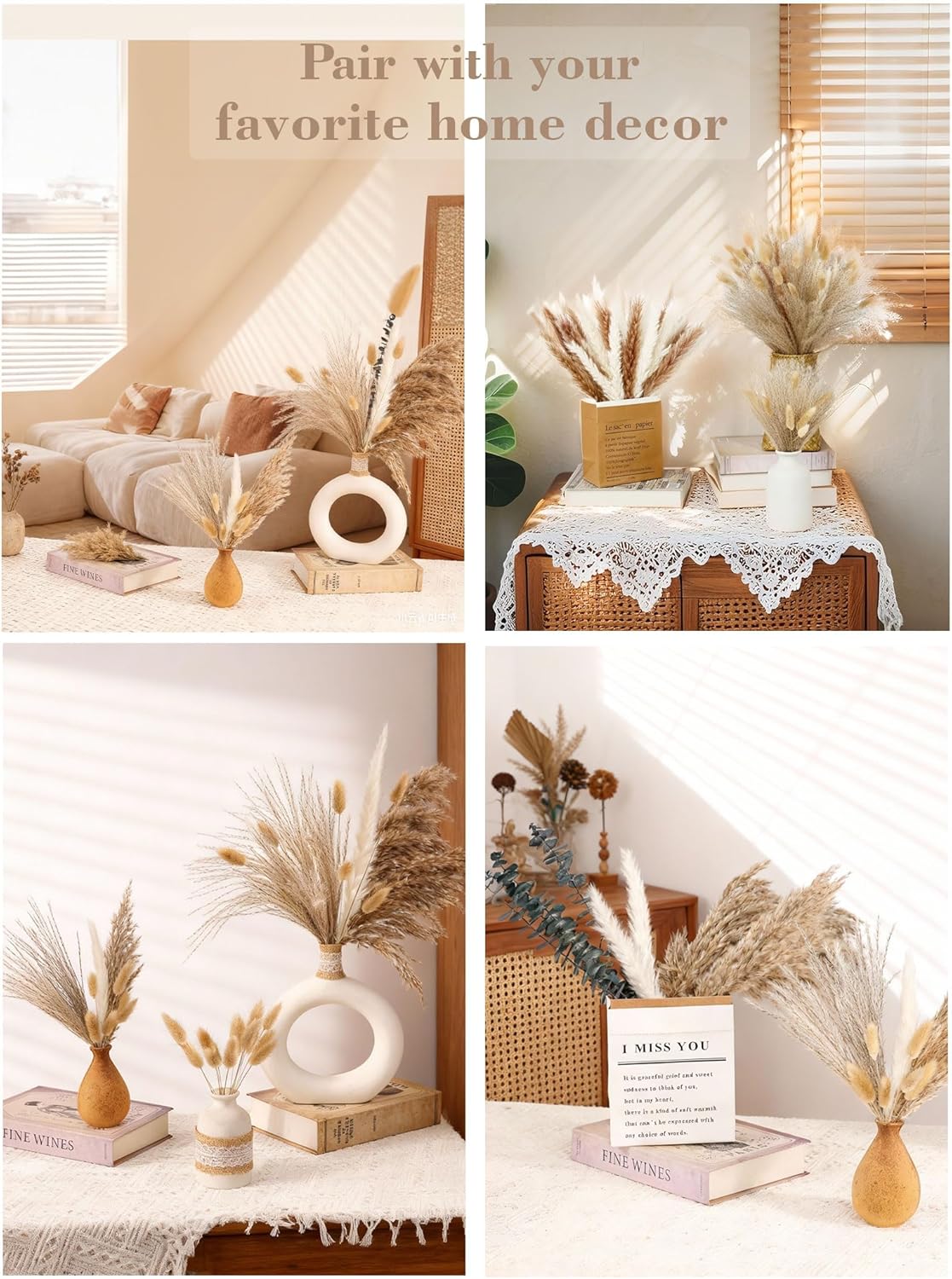 120 PCS Dried Pampas Grass, (Vase Not Included), Dried Flowers, Reed Grass Bouquet for Bohemian Flowers Home Table Wedding Decoration, Rustic Farmhour.(Light Brown)