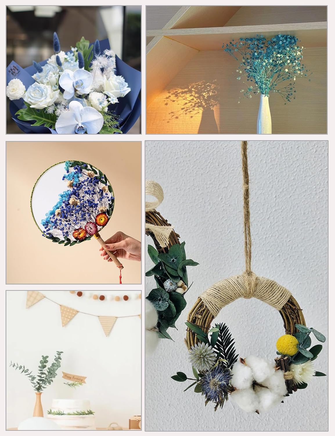 DIY Natural Dried Flower Set, Blue Large Package with Stem Flowers for Vases, Handmade Creative, Door Hanging Wreath, Table Centerpiece Mini Dried Flower Bouquet (Peacock Blue)