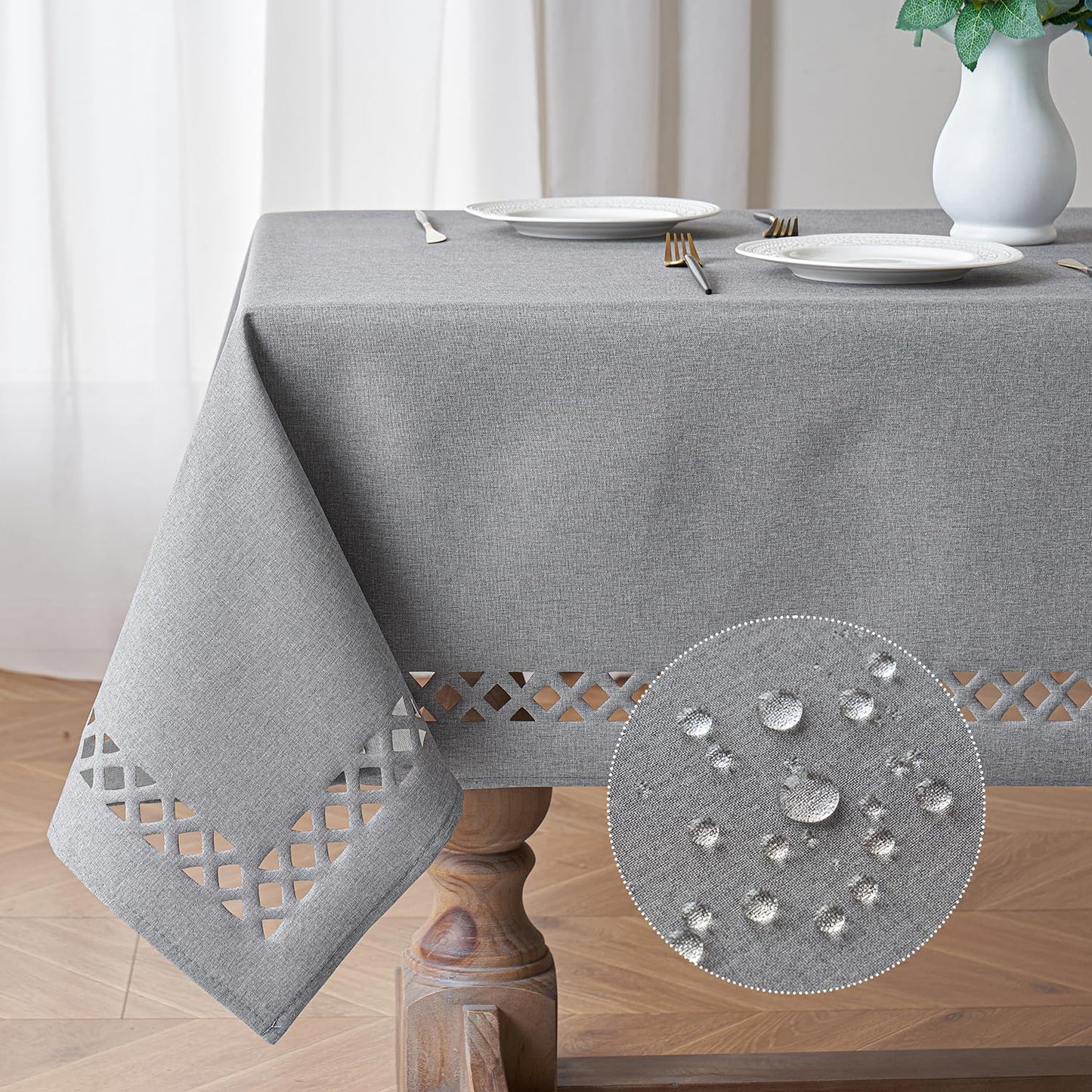 Light Grey Thick Polyester Linen Rectangle Tablecloth Decorative Cutouts Waterproof Stain and Wrinkle Resistant Table Cloth Table Cover for Dining Party Buffet Camping Wedding, 52 X 70 Inch