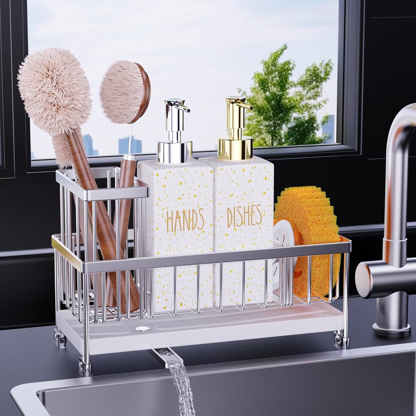 Dish Soap Dispenser, 12 Fl Oz Kitchen Soap Dispensers with Sponge Holder, Stainless Steel Pump Glass Kitchen Soap Dispenser Set, Hand and Dish Soap Bottle Set, Kitchen Decor Accessories