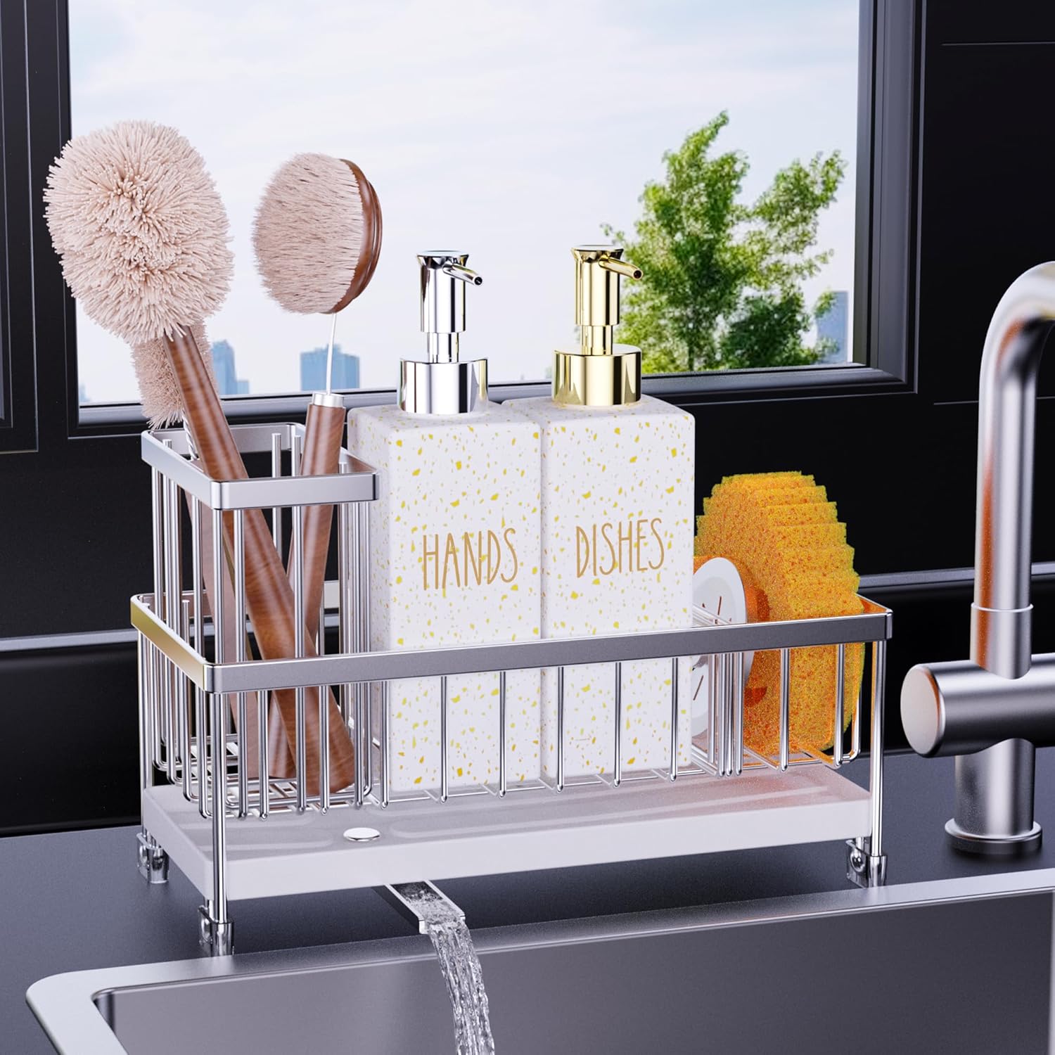 Dish Soap Dispenser, 12 Fl Oz Kitchen Soap Dispensers with Sponge Holder, Stainless Steel Pump Glass Kitchen Soap Dispenser Set, Hand and Dish Soap Bottle Set, Kitchen Decor Accessories