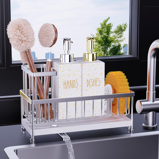 Dish Soap Dispenser, 12 Fl Oz Kitchen Soap Dispensers with Sponge Holder, Stainless Steel Pump Glass Kitchen Soap Dispenser Set, Hand and Dish Soap Bottle Set, Kitchen Decor Accessories