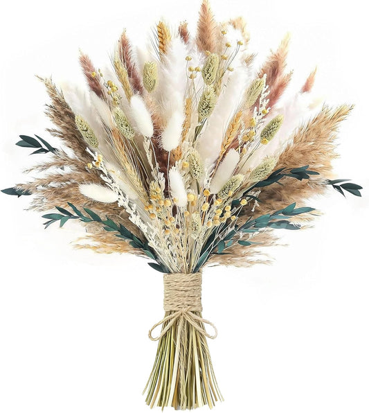 126Pcs Dried Pampas Grass Decorations, (Vase Not Included), Dried Flowers Bouquet, Reed Grass Bouquet for Boho Floral Wedding, Bedroom, Rustic Farmhouse Decor.
