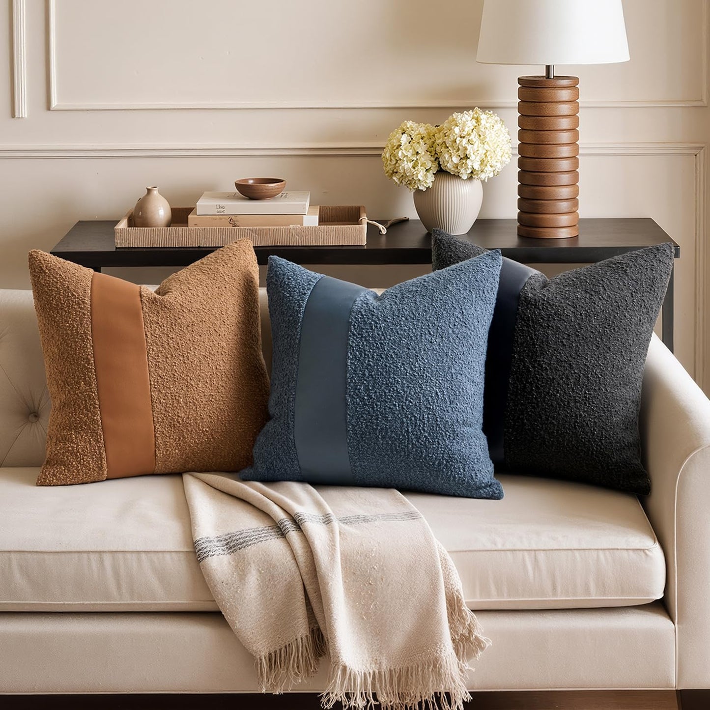 Boucle Throw Pillow Covers 18X18 Inch Set of 2 Black Faux Leather Textured Decorative Pillow Cases Boho Farmhouse Accents Cushion Covers for Couch Bed Livingroom Home Decor