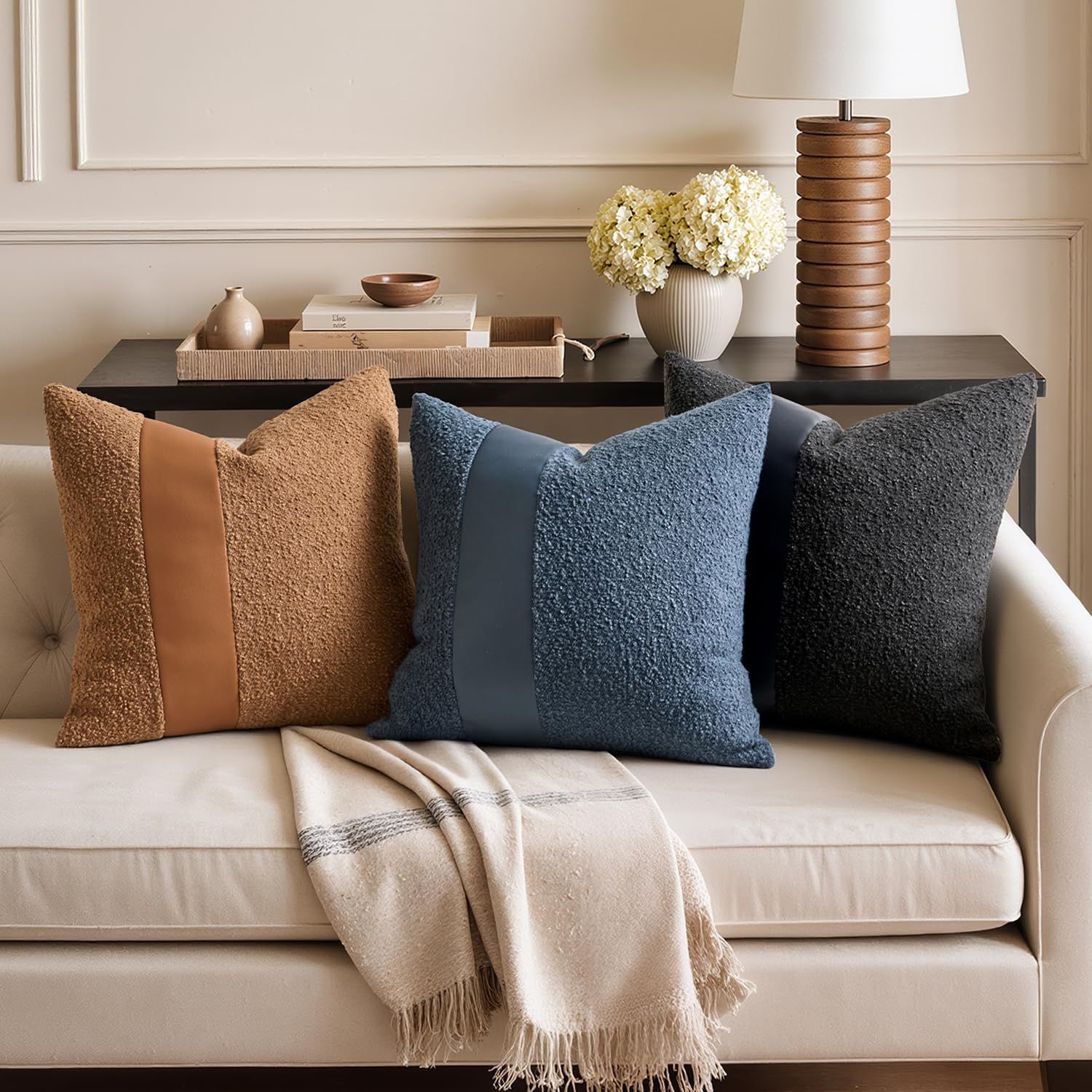 Boucle Throw Pillow Covers 18X18 Inch Set of 2 Black Faux Leather Textured Decorative Pillow Cases Boho Farmhouse Accents Cushion Covers for Couch Bed Livingroom Home Decor