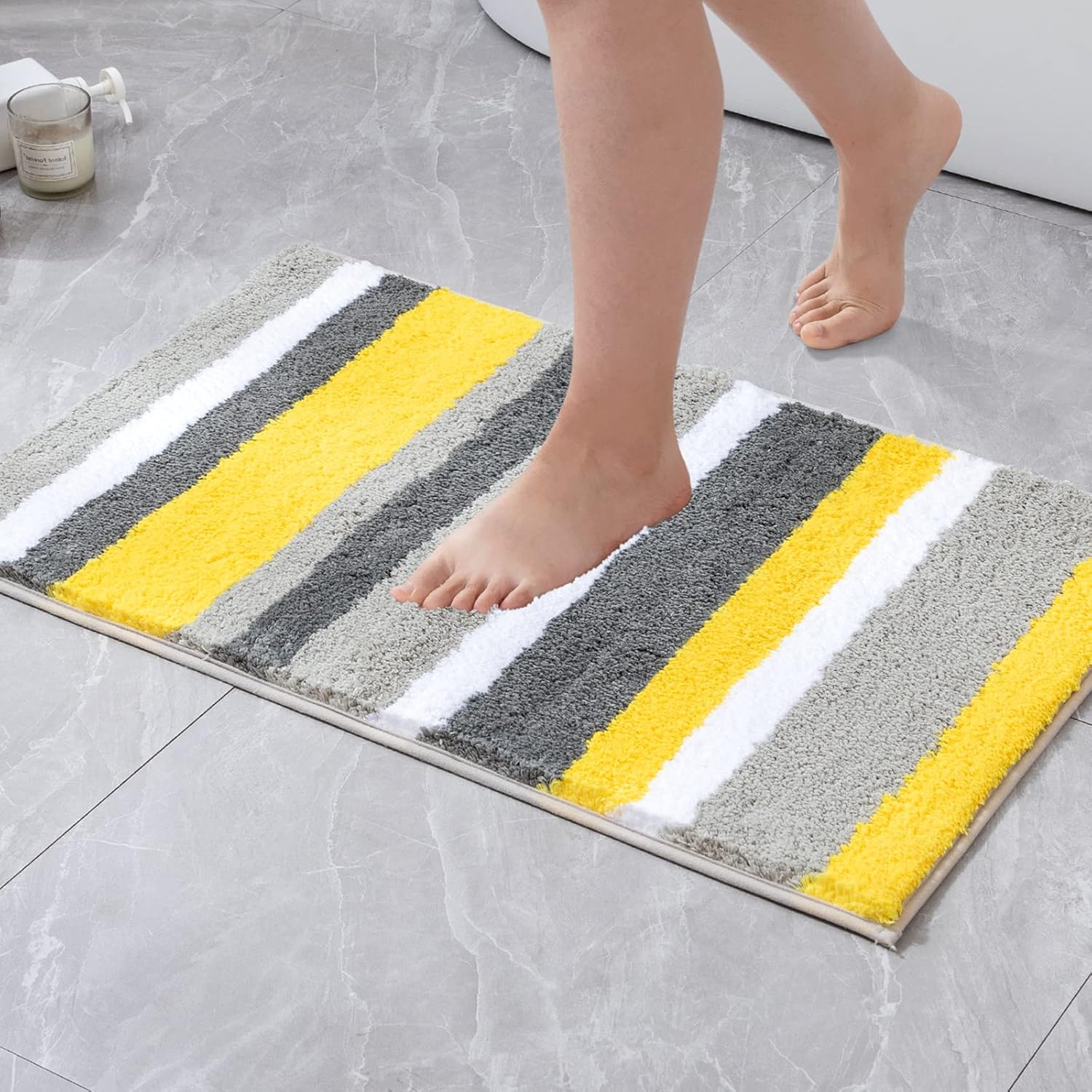 Fluffy Bathroom Rugs Bath Mats Rugs Microfiber Striped Shower Rug Absorbent, Soft and Plush Machine Washable Non Slip Carpet Quick Dry for Bathroom Floor Tub, 16X24 Inch, Yellow-Grey