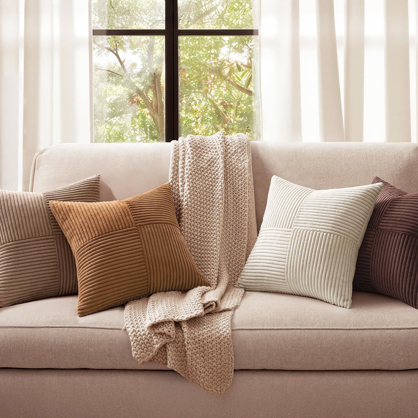 Brown Throw Pillow Covers 18X18 Inch Set of 4 Boho Farmhouse Cushion Cases Neutral Gradient Corduroy Pillow Cases with Invisible Zipper Patchwork Home Decor for Couch Sofa Bed