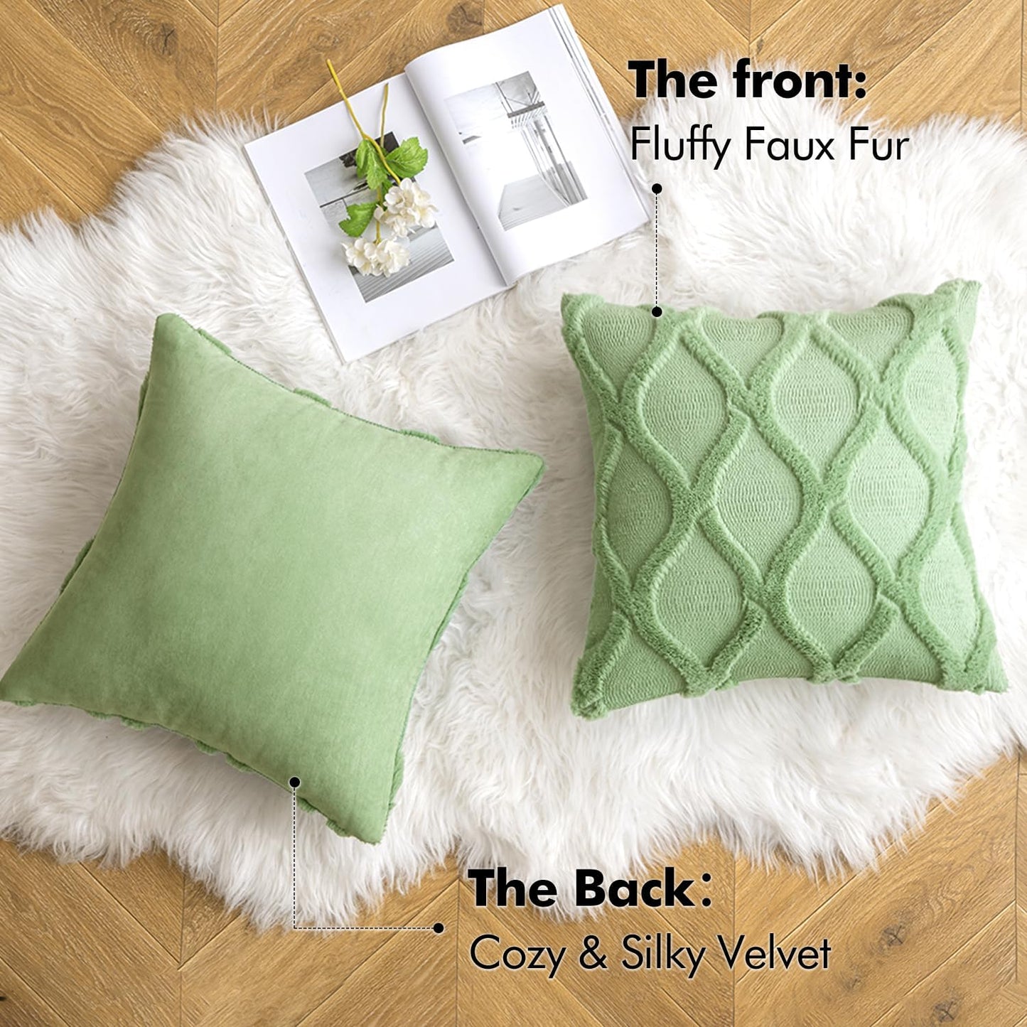 Set of 2 Chenille Pillow Covers Teal Bundle Set of 2 Plush Faux Wool Pillow Covers Sage Green 18X18 Inch