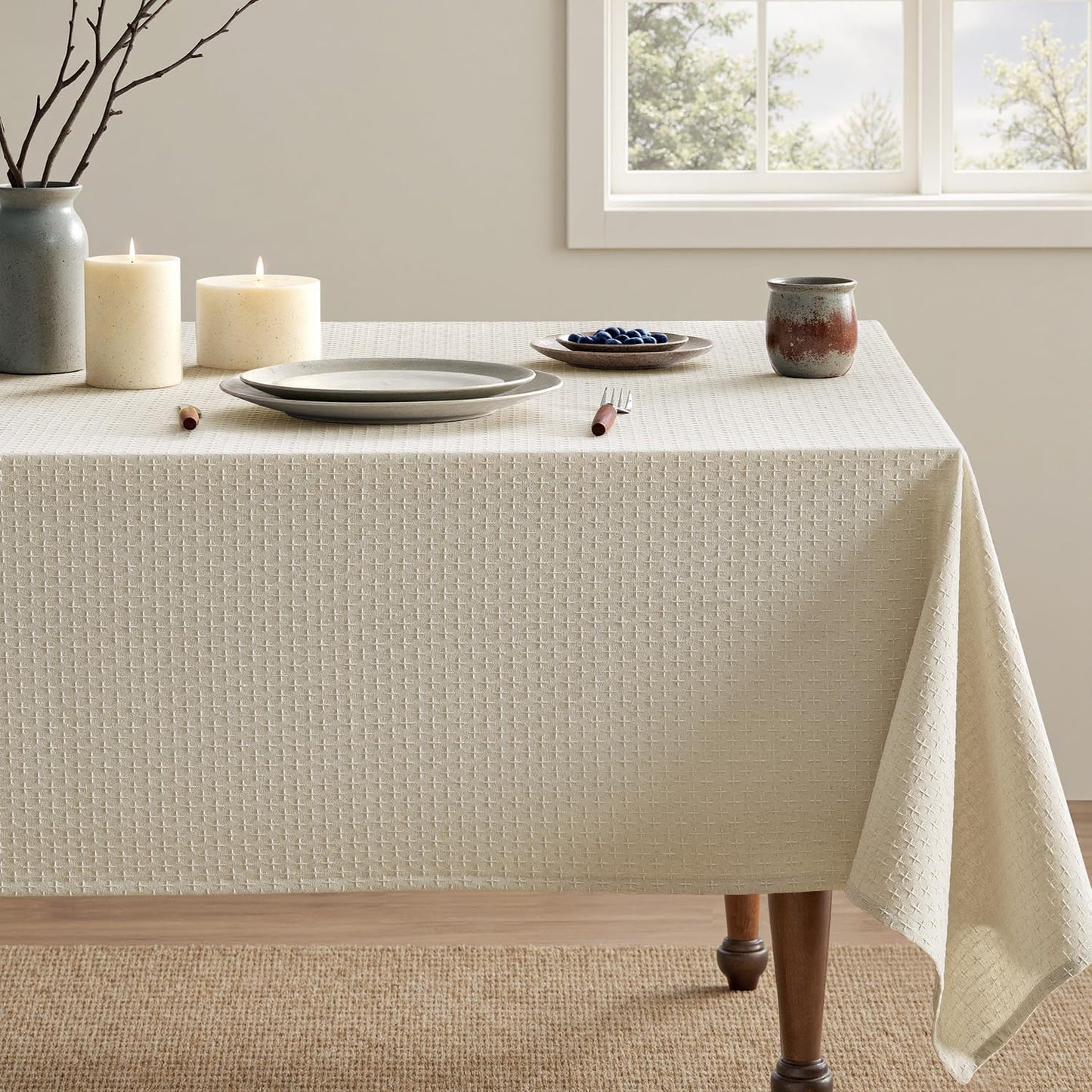 Natural Linen Cottton Table Cloth Rectangle Tablecloth Waterproof Spillproof Cross-Star Textured Table Cltoth Decorative Farmhouse Style for Dining Party Weddings 52X70 Inch