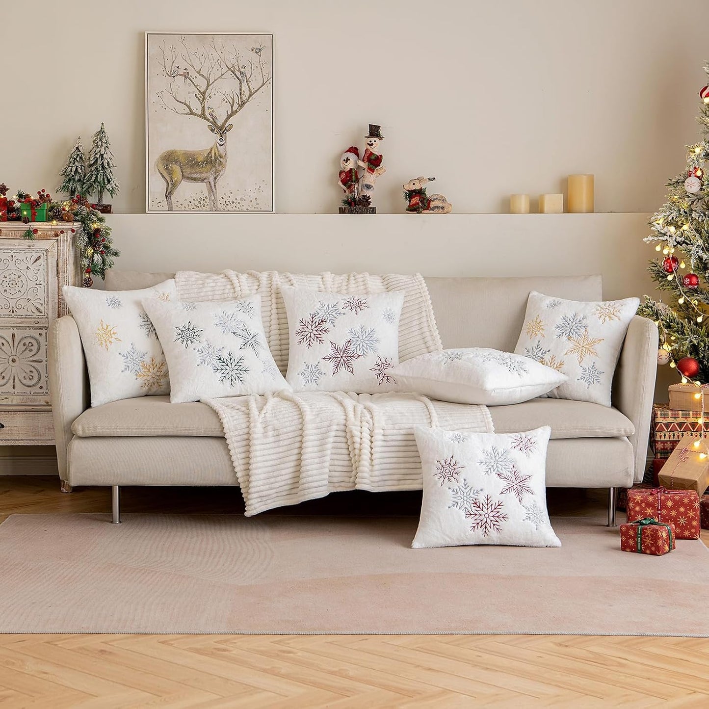 Pack of 2 Christmas Decorative Throw Pillow Covers Soft Faux Fur Pillow Cases with Embroidery Snowflake Winter Cute Pillowcases Holiday Decor for Couch Sofa Bedroom, 16×16 Inch, Burgundy