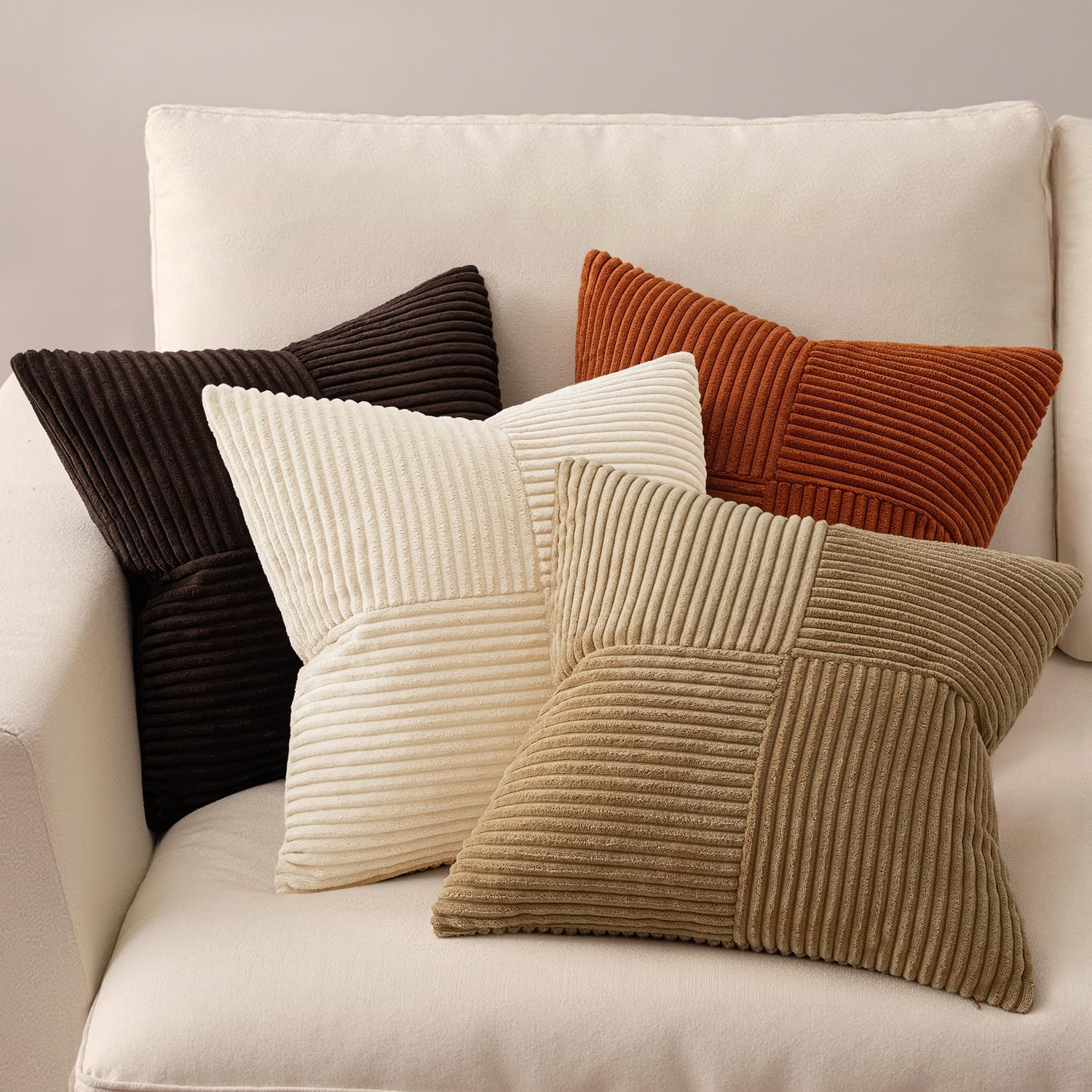Brown Beige Throw Pillow Covers 18X18 Inch Set of 4 Boho Farmhouse Cushion Cases for Livingroom Couch Bed Soft Corduroy Pillow Cases with Invisible Zipper Home Decor