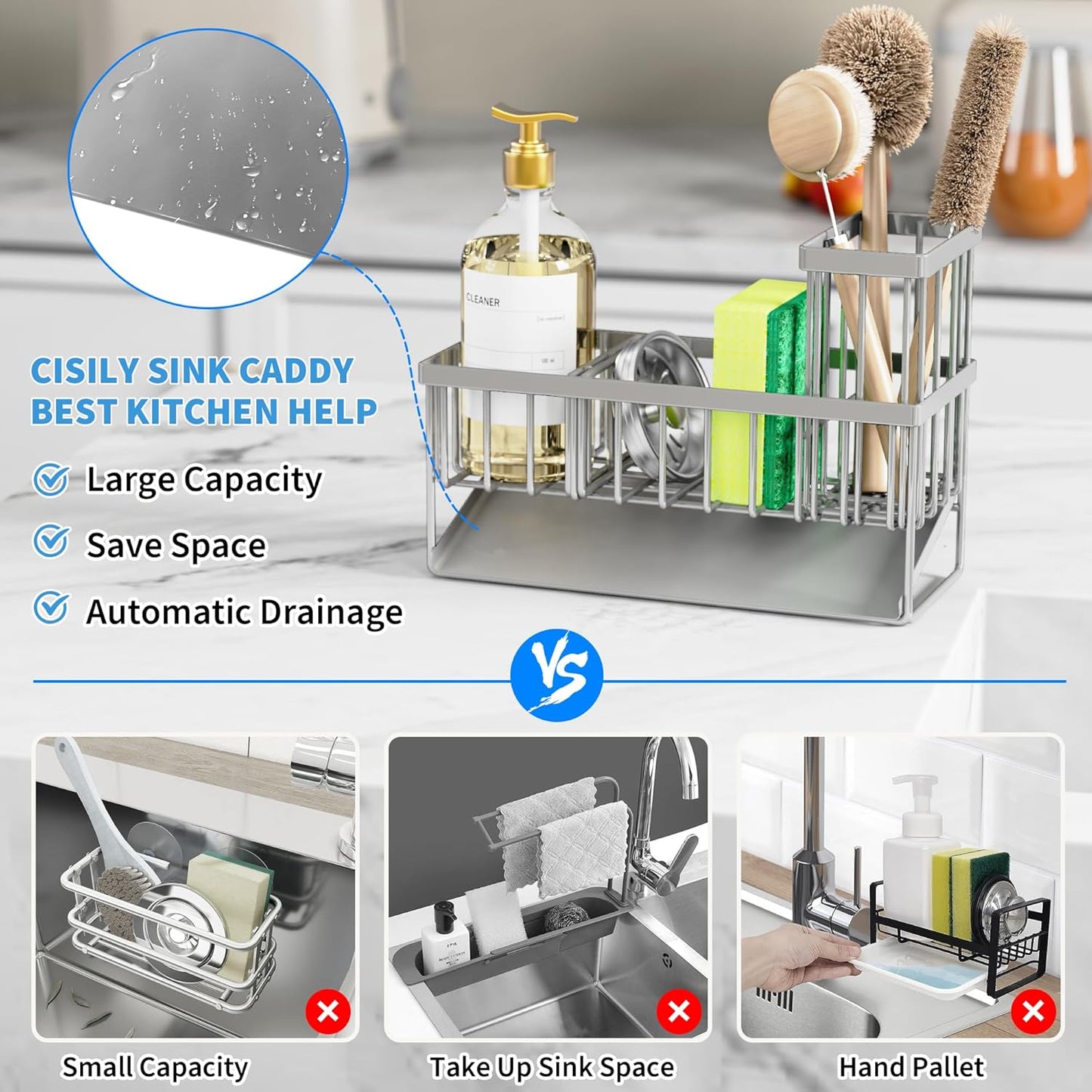 Sink Caddy Organzier with High Brush Holder, Sponge Holder for Sink, 304 Rustproof Stainless, Kitchen Countertop Soap Dispenser Organizer, Gray Kitchen Decor and Accessories
