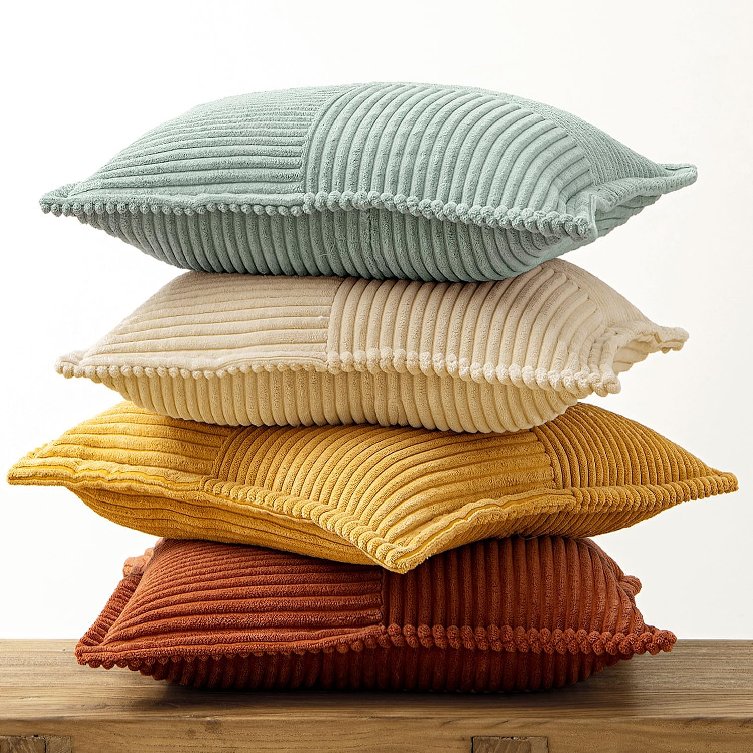 Fall Teal-Orange Decorative Throw Pillow Covers 18X18 Inch 4 Packs Soft Boho Farmhouse Pillow Cases Modern Corduroy Patchwork Cushion Covers for Couch Sofa Bed with Flange Edge Home Decor