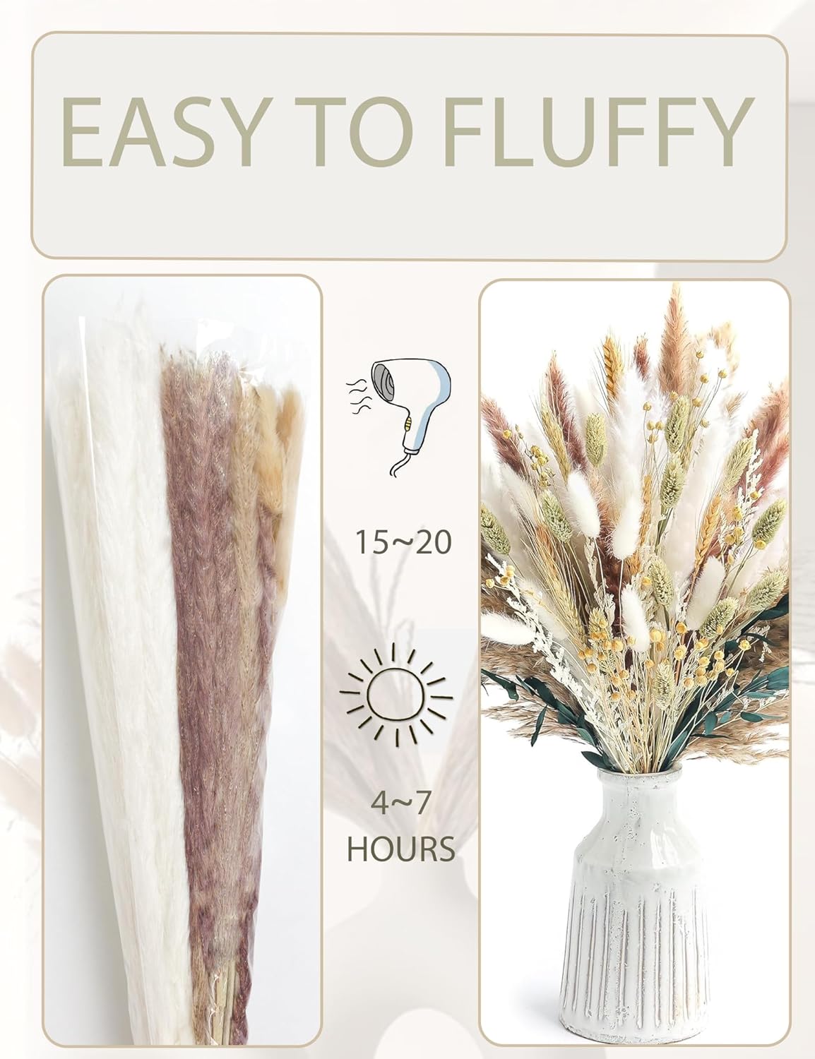 126Pcs Dried Pampas Grass Decorations, (Vase Not Included), Dried Flowers Bouquet, Reed Grass Bouquet for Boho Floral Wedding, Bedroom, Rustic Farmhouse Decor.