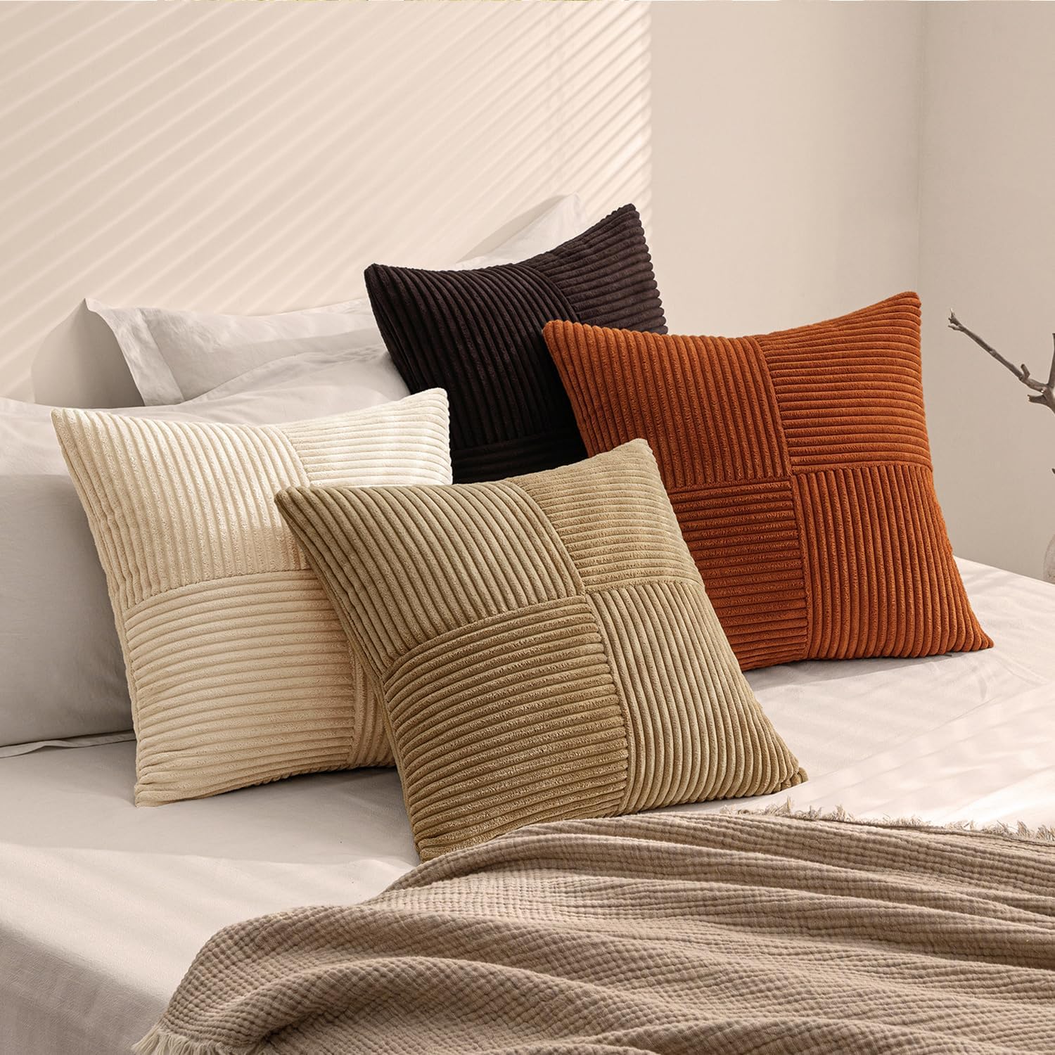 Brown Beige Throw Pillow Covers 18X18 Inch Set of 4 Boho Farmhouse Cushion Cases for Livingroom Couch Bed Soft Corduroy Pillow Cases with Invisible Zipper Home Decor