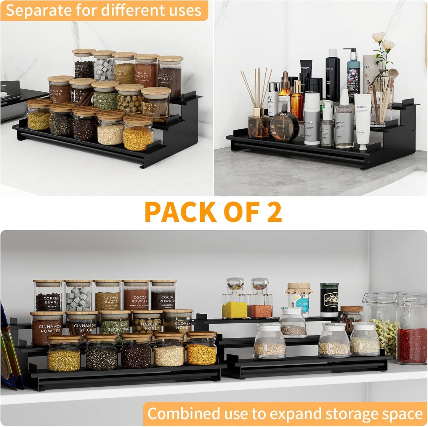 2 Pack Spice Rack Organizer for Cabinet, 3 Tier Seasoning Organizer, Metal Step Shelf Countertop Spice Racks for inside Cabinets, Kitchen, Black