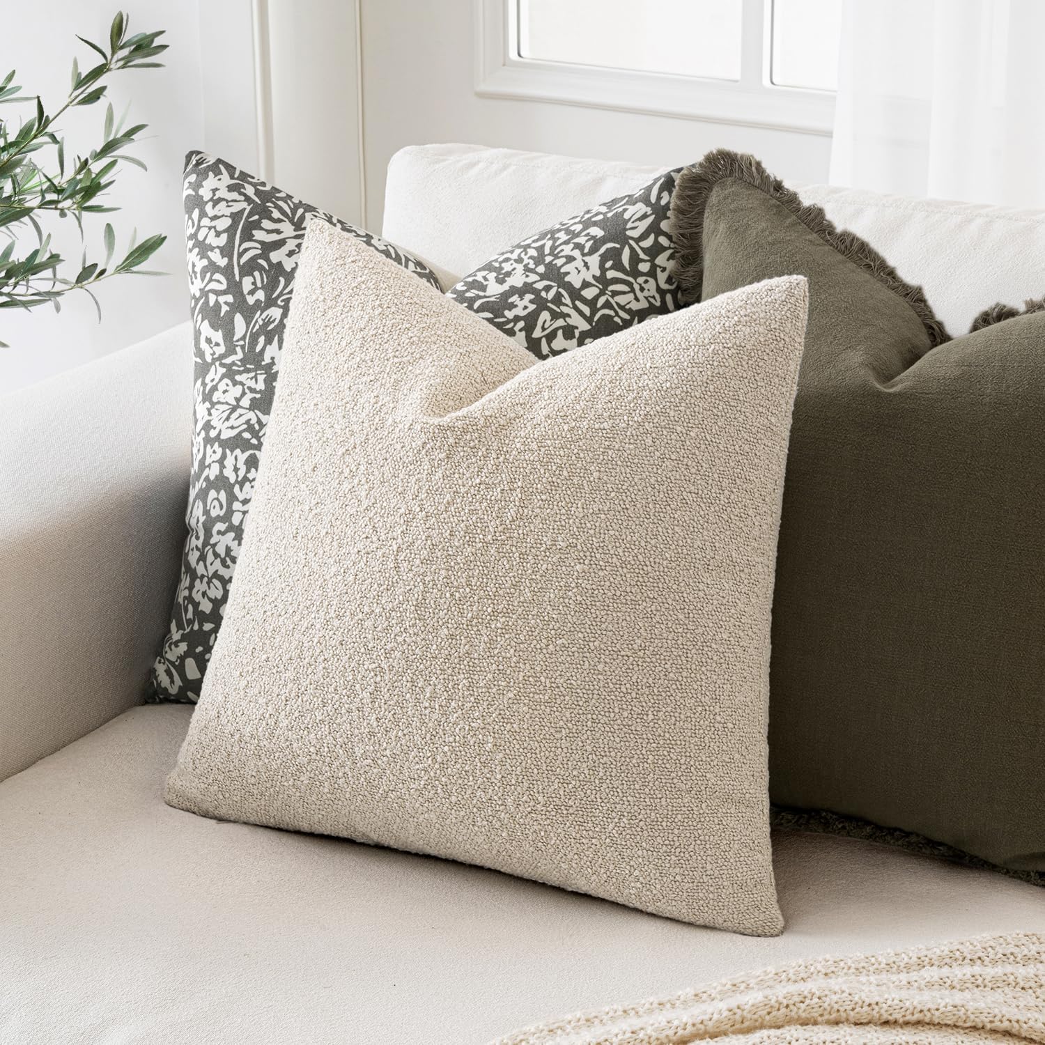 18X18 Inch Decorative Pillow Covers for Couch Bed Set of 2 Textured Boucle Neutral Throw Pillows Natural Beige Accent Solid Cushion Pillowcase Cozy Soft Sofa Livingroom Home Decor