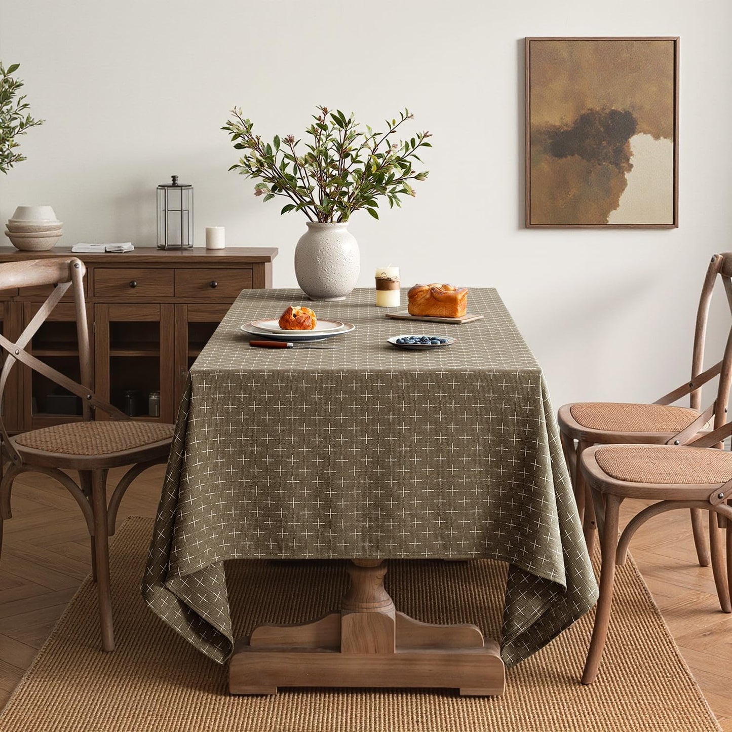 Taupe Linen Table Cloth Rectangle Tablecloth Waterproof Spillproof Cross-Star Textured Table Cloth, Decorative Rustic Farmhouse Style for Dining/Party/Buffet/Wedding,52X70 Inch