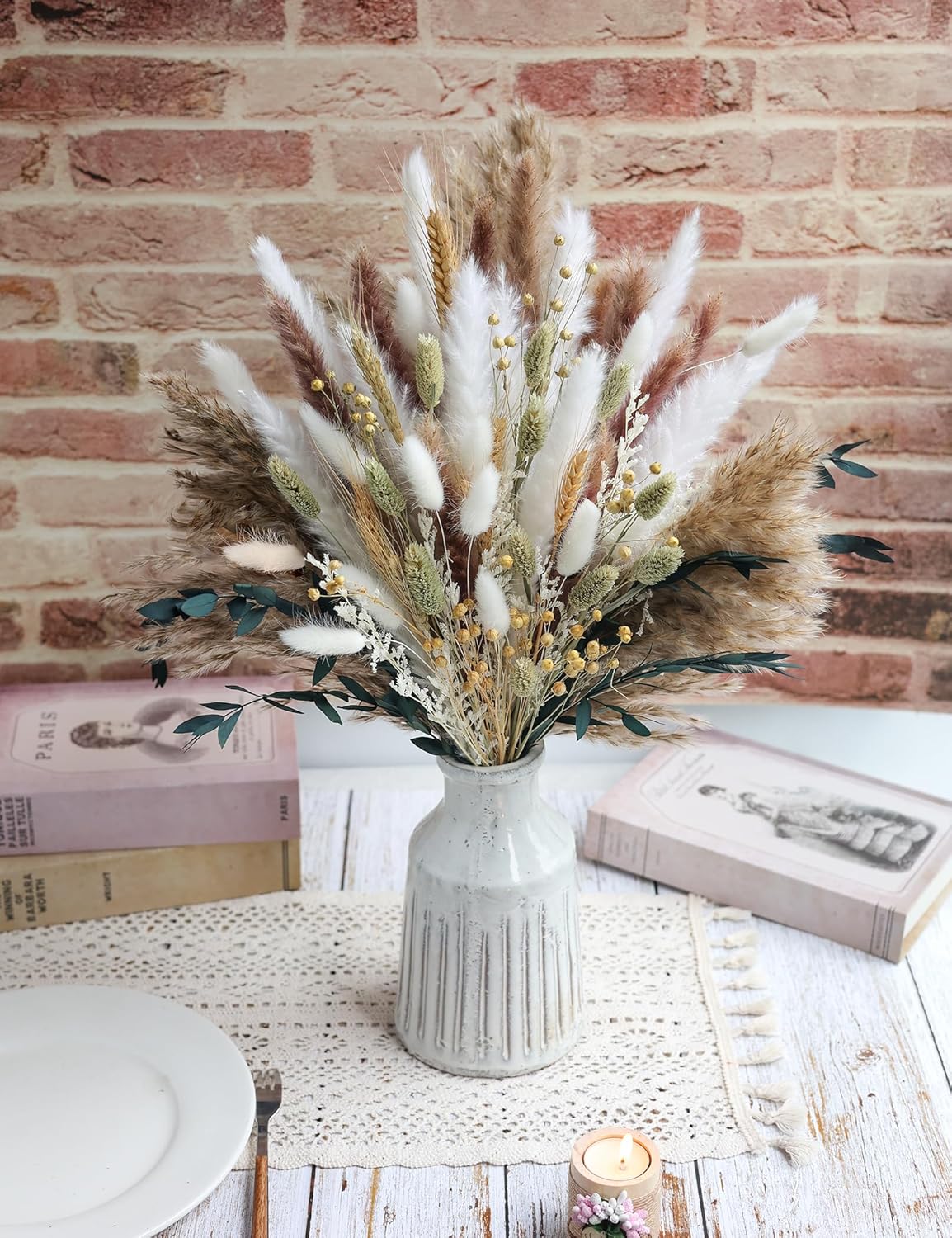 126Pcs Dried Pampas Grass Decorations, (Vase Not Included), Dried Flowers Bouquet, Reed Grass Bouquet for Boho Floral Wedding, Bedroom, Rustic Farmhouse Decor.